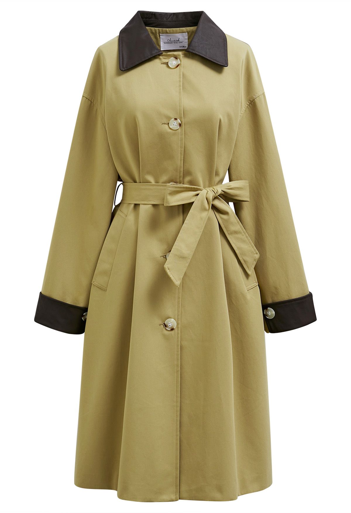 Contrast Faux Leather Trim Button Trench Coat in Mustard