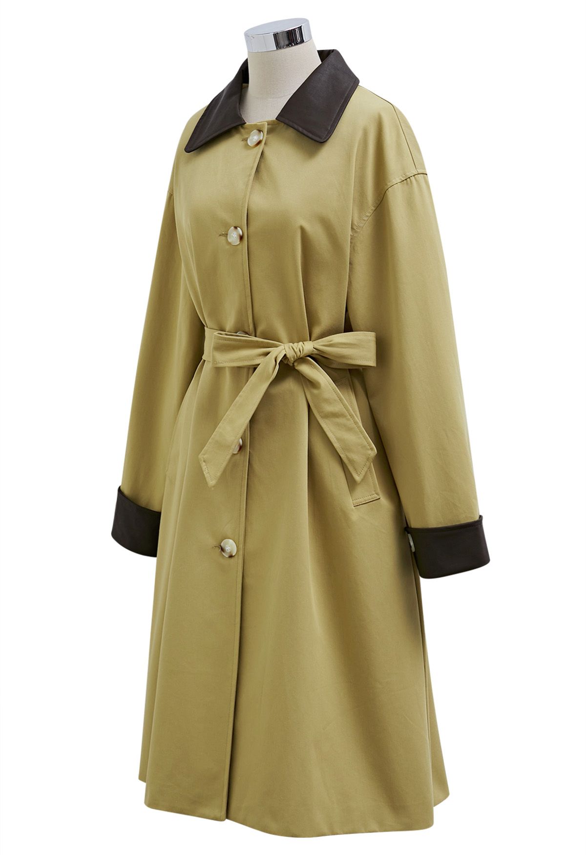 Contrast Faux Leather Trim Button Trench Coat in Mustard