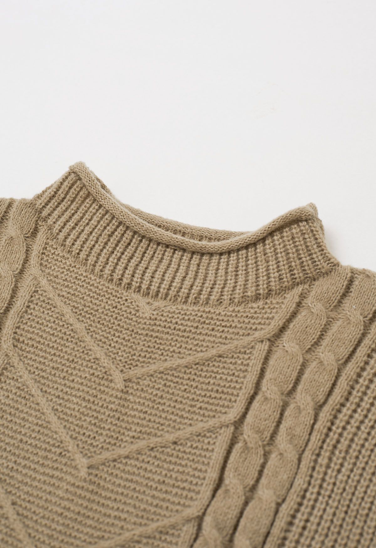 Mock Neck Padded Shoulder Cable Knit Top in Camel