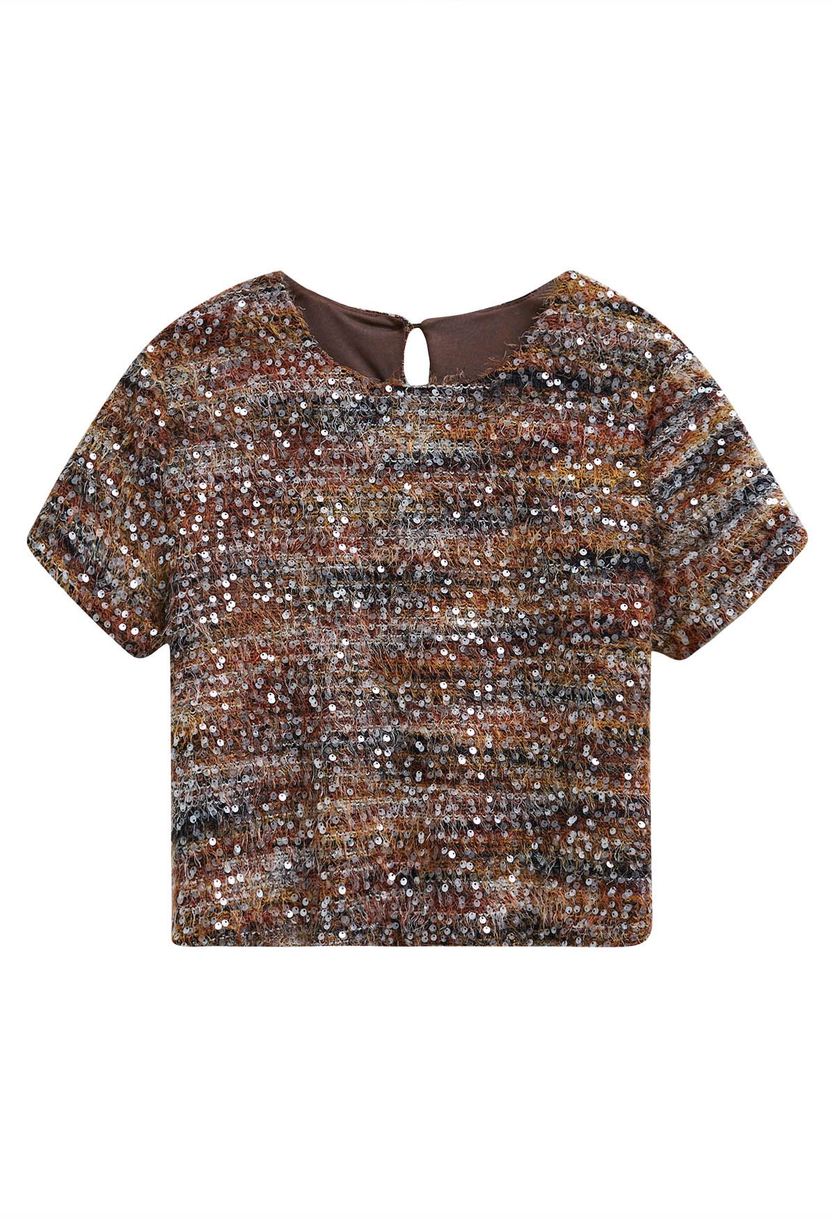 Sequin Mosaic Fuzzy Crop Top in Caramel