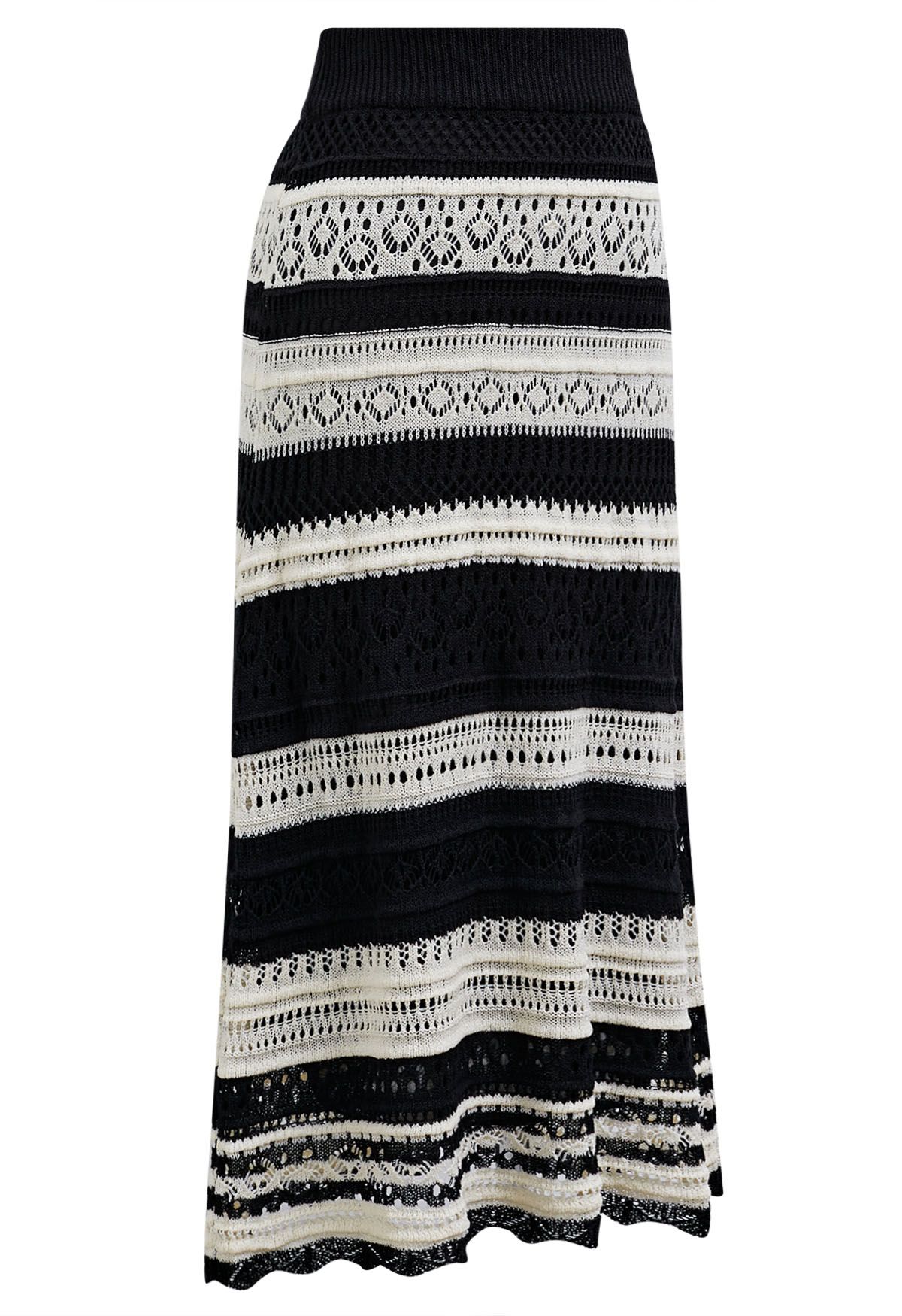 Striped Pointelle Lace Knit Midi Skirt in Black