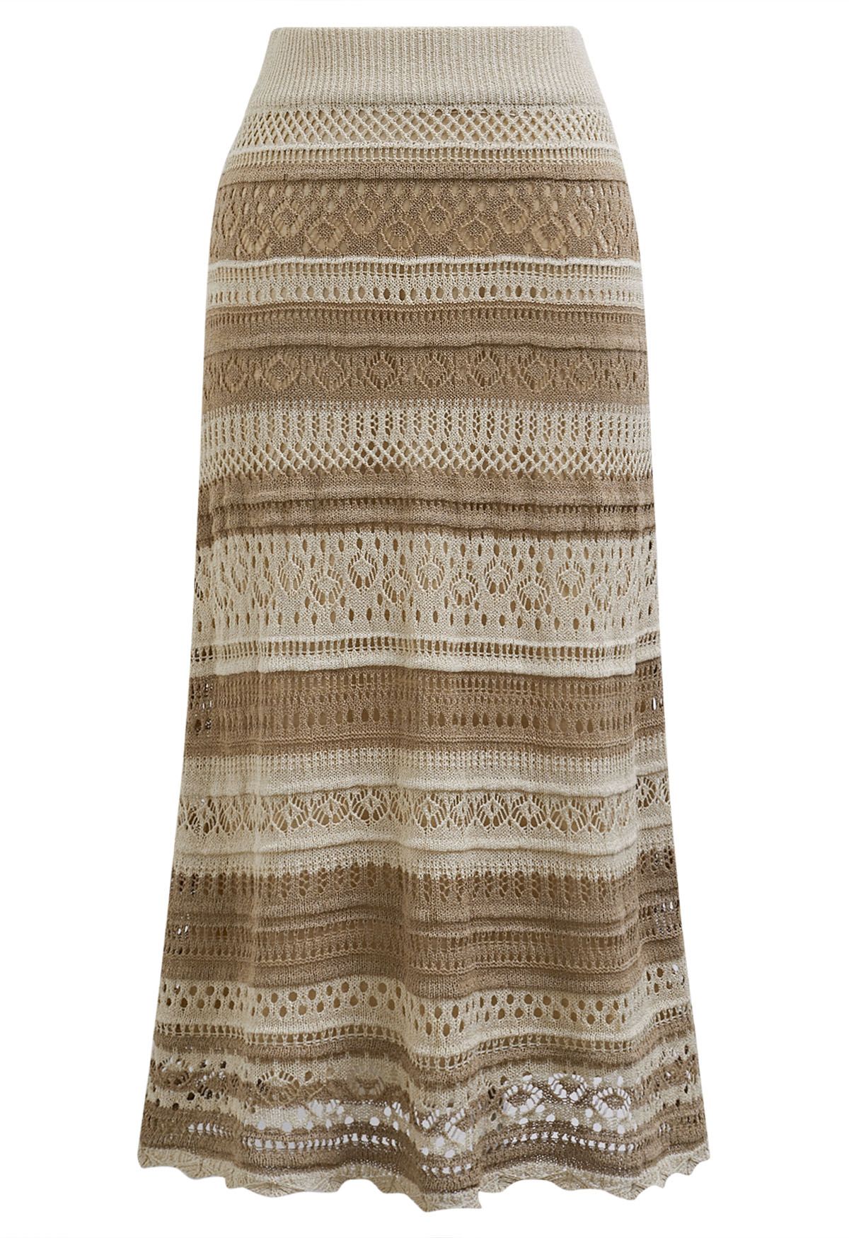 Striped Pointelle Lace Knit Midi Skirt in Oatmeal