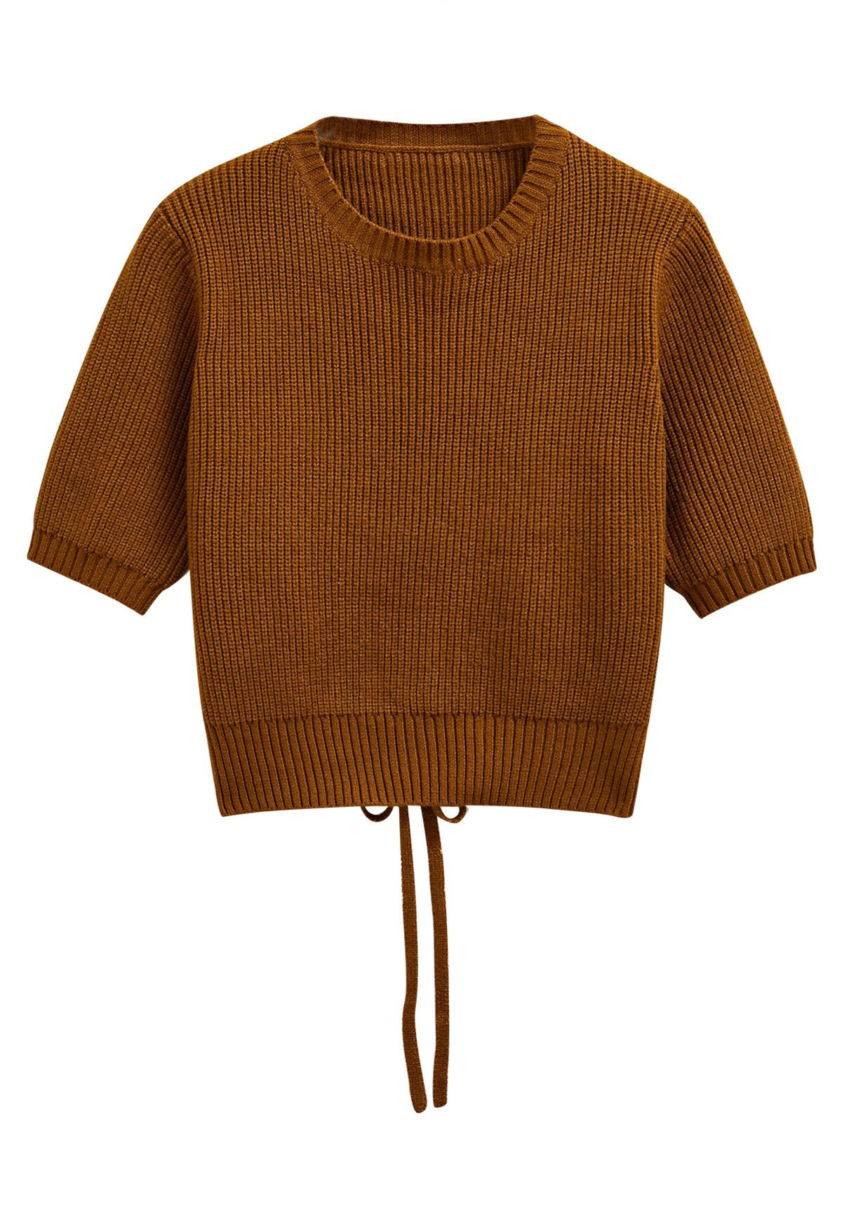 Tie-String Back Ribbed Knit Sweater in Pumpkin