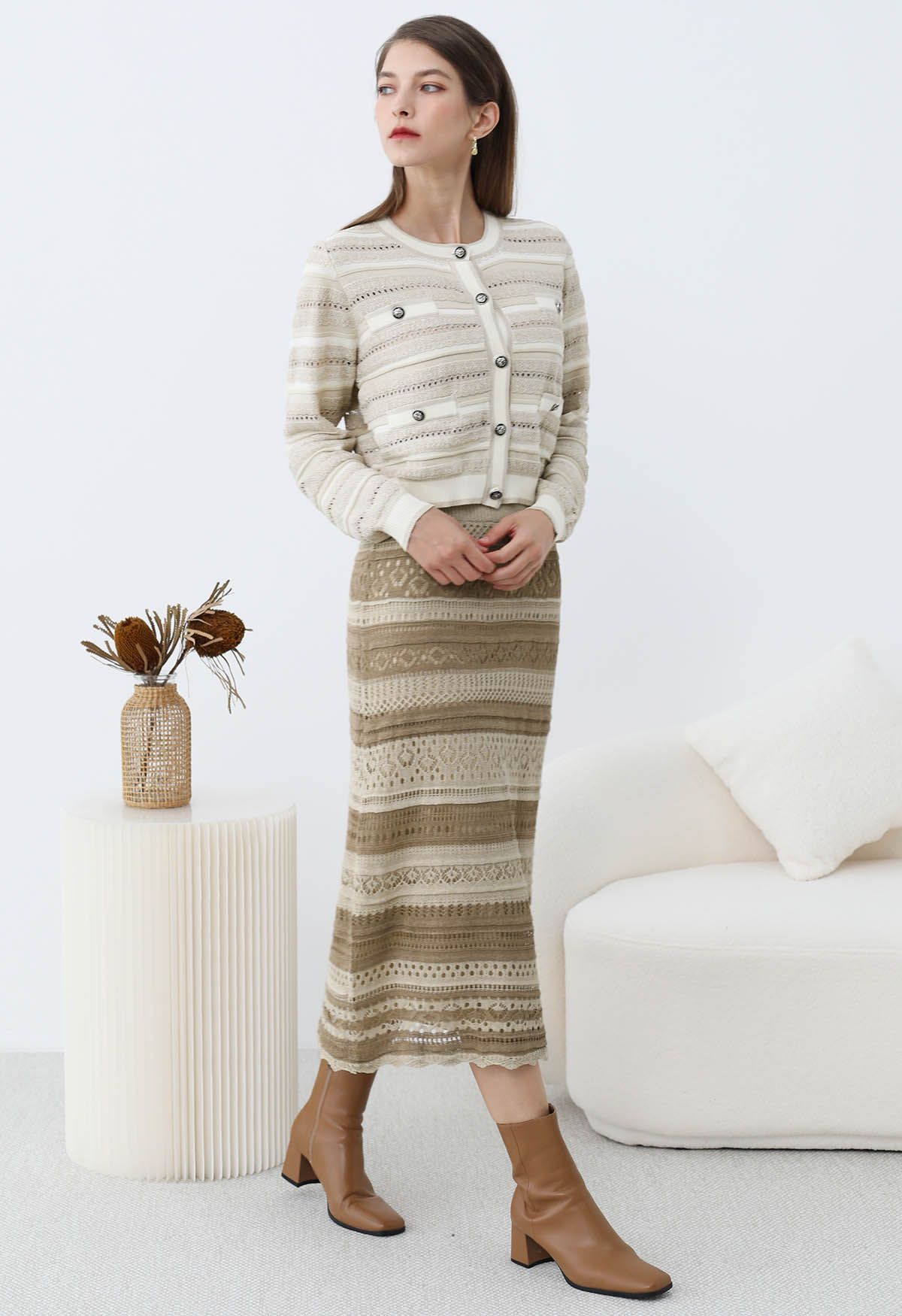 Striped Pointelle Lace Knit Midi Skirt in Oatmeal