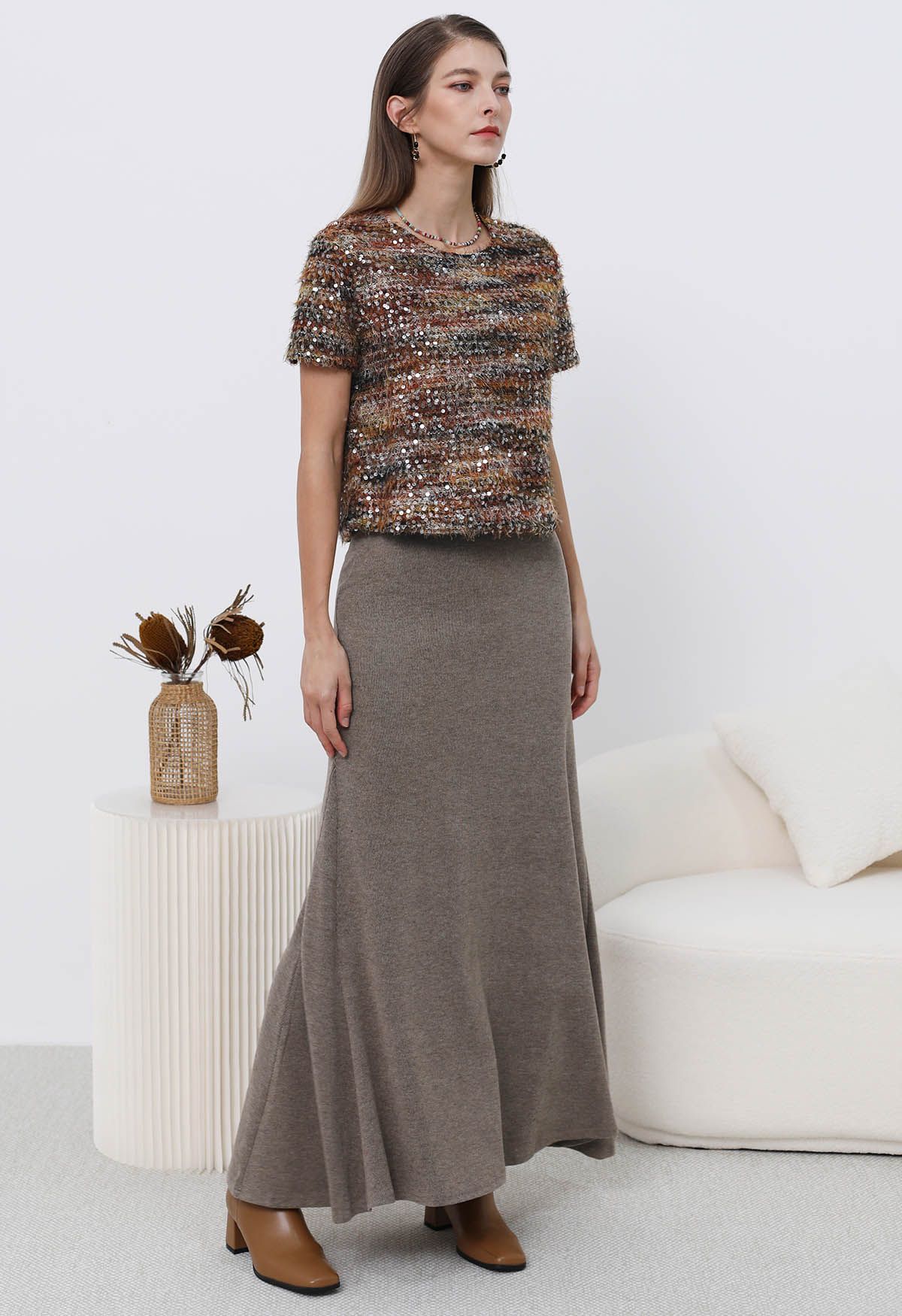 Soft Swirl Elegance Flare Maxi Skirt in Taupe