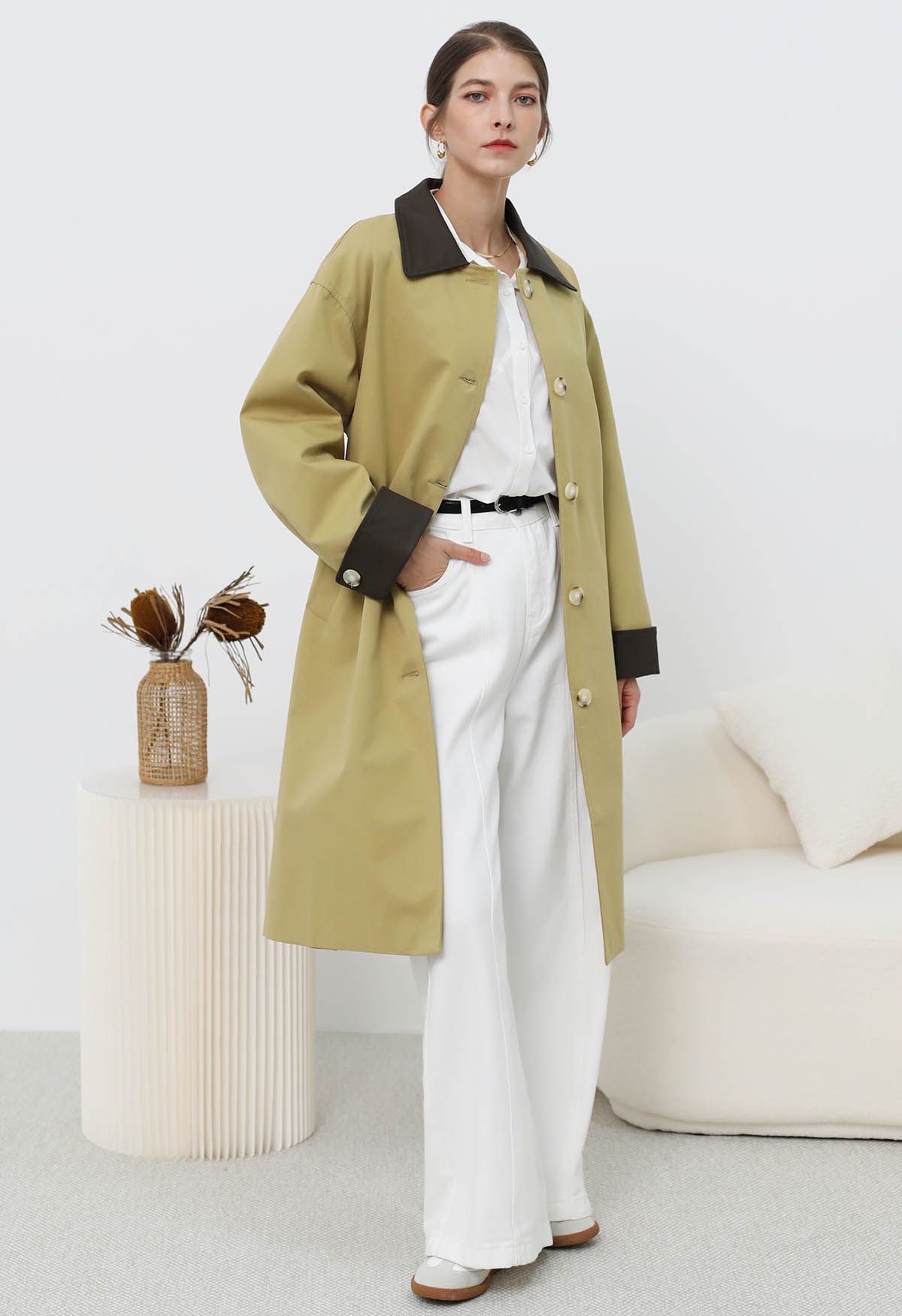 Contrast Faux Leather Trim Button Trench Coat in Mustard