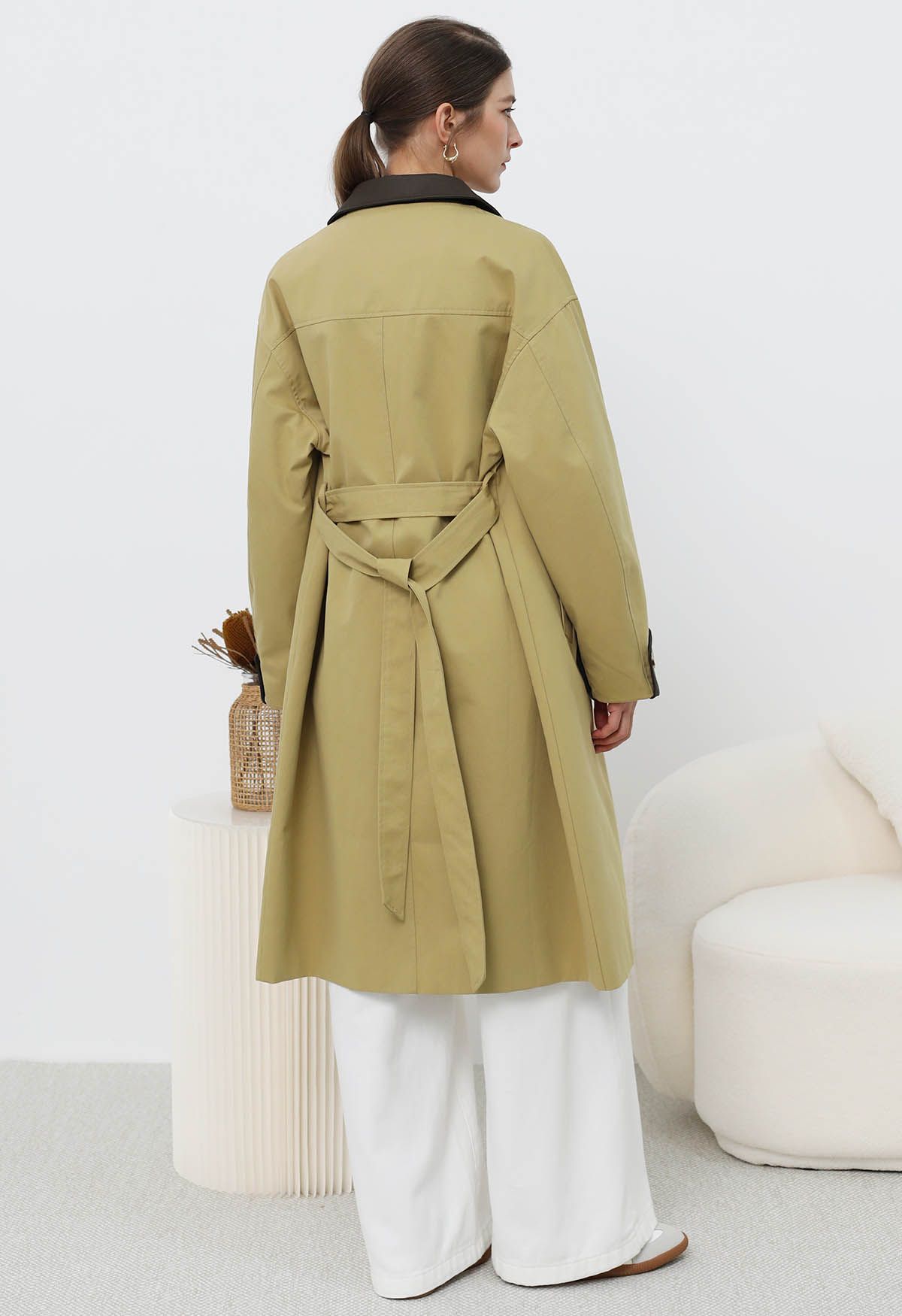 Contrast Faux Leather Trim Button Trench Coat in Mustard