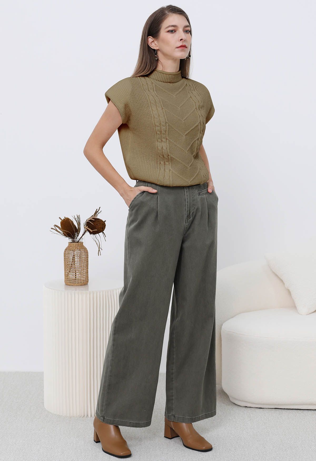 Mock Neck Padded Shoulder Cable Knit Top in Camel