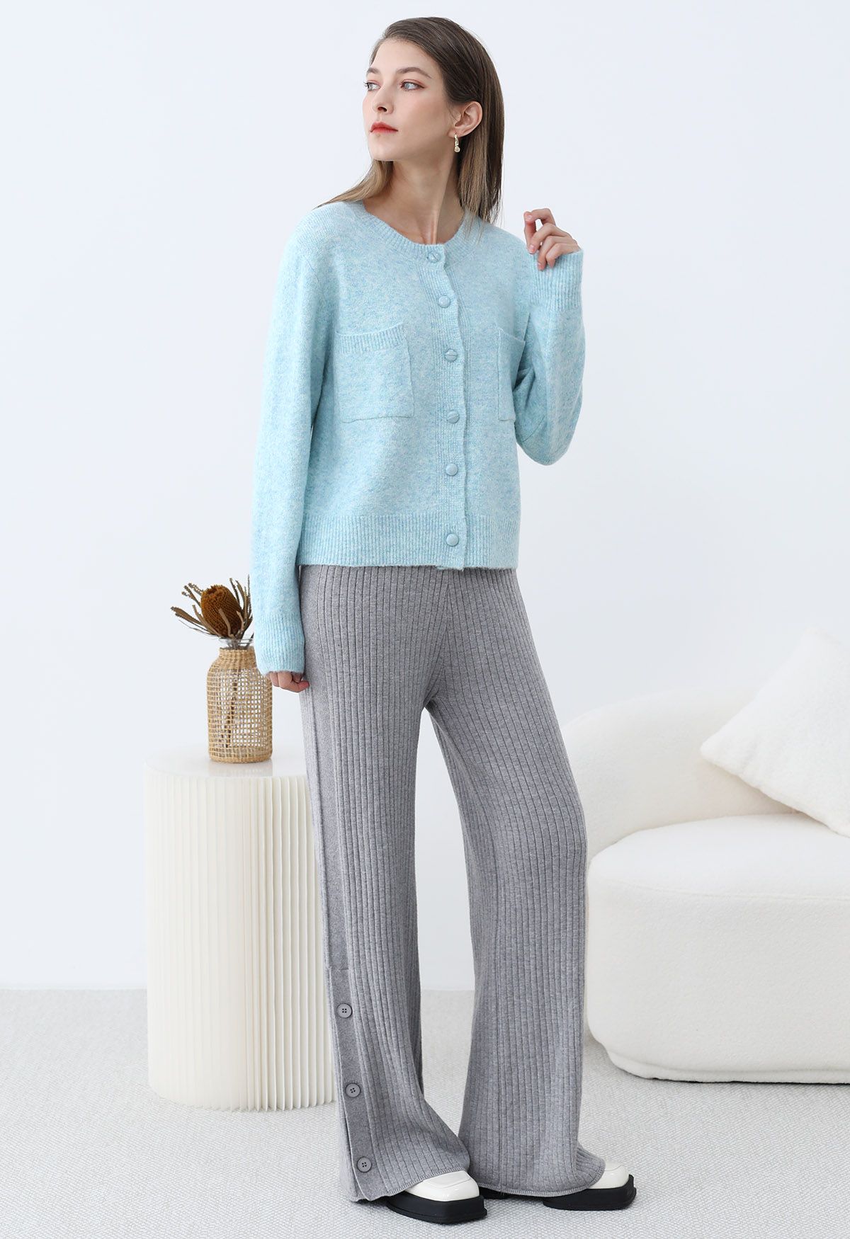 Buttoned Hem Ribbed Knit Pants in Grey