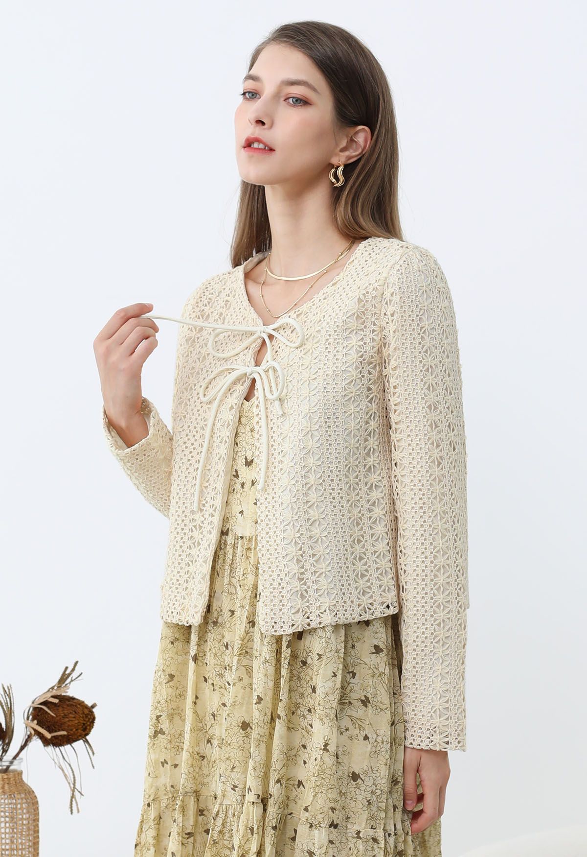 Intricate Crochet Bow Ties Jacket in Cream