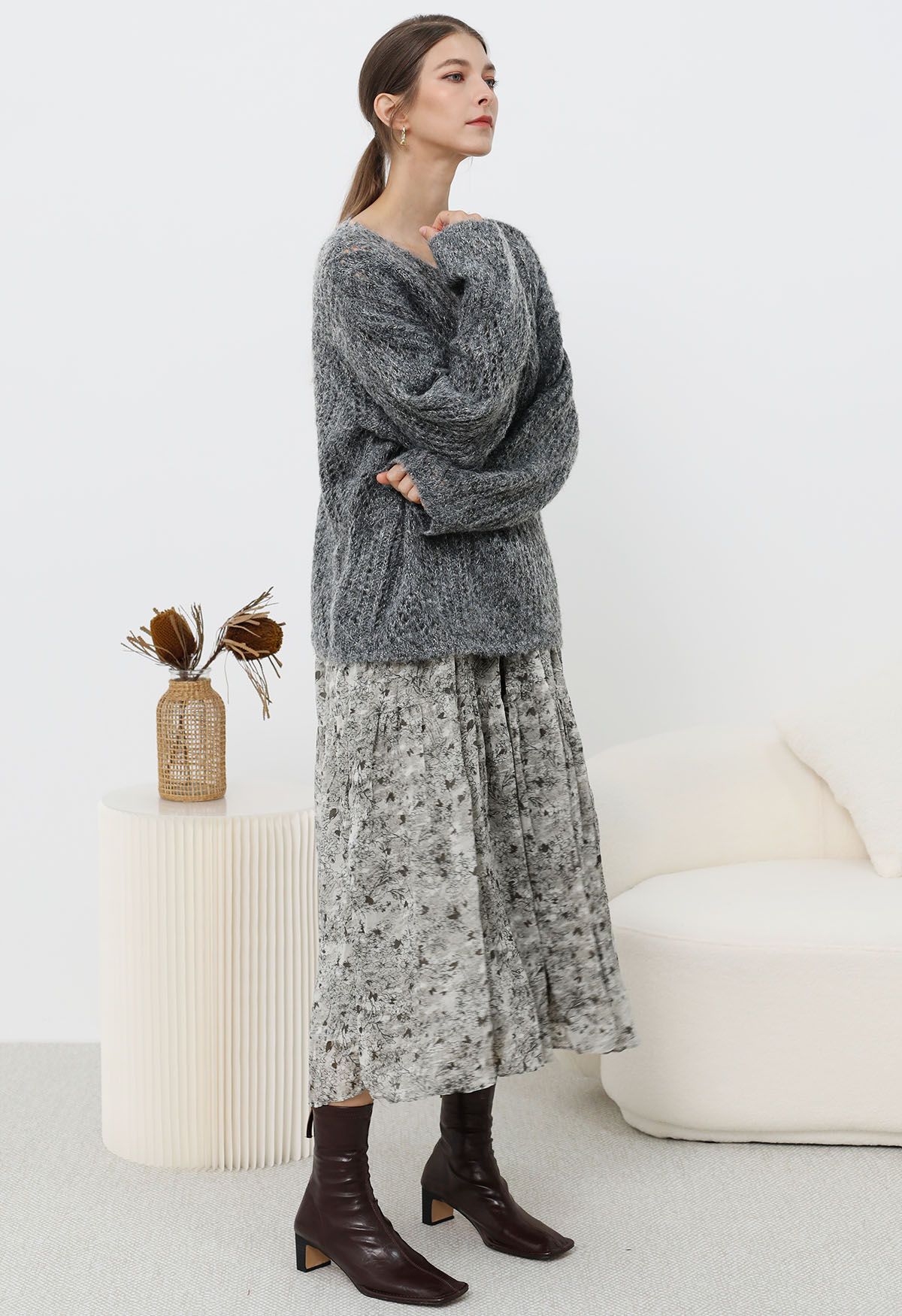 Diamond Pattern Hollow Fuzzy Knit Sweater in Smoke