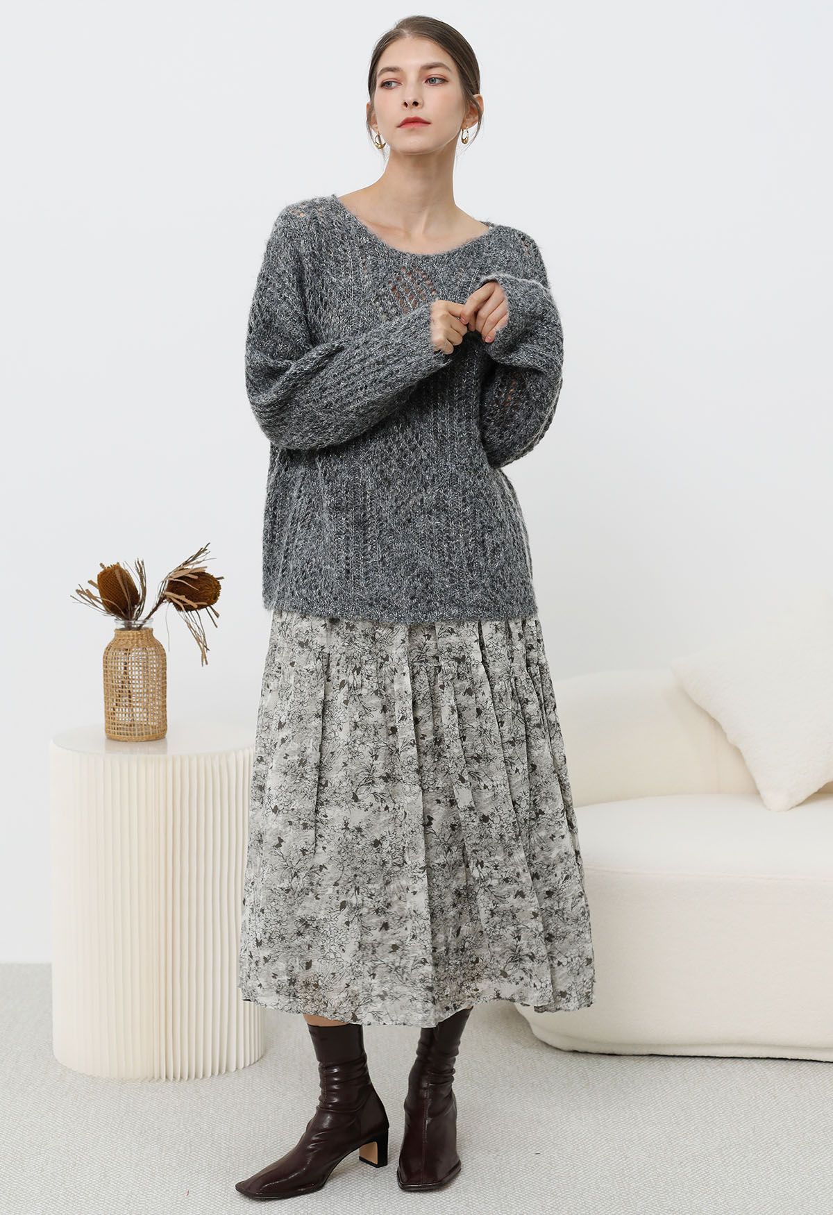 Diamond Pattern Hollow Fuzzy Knit Sweater in Smoke