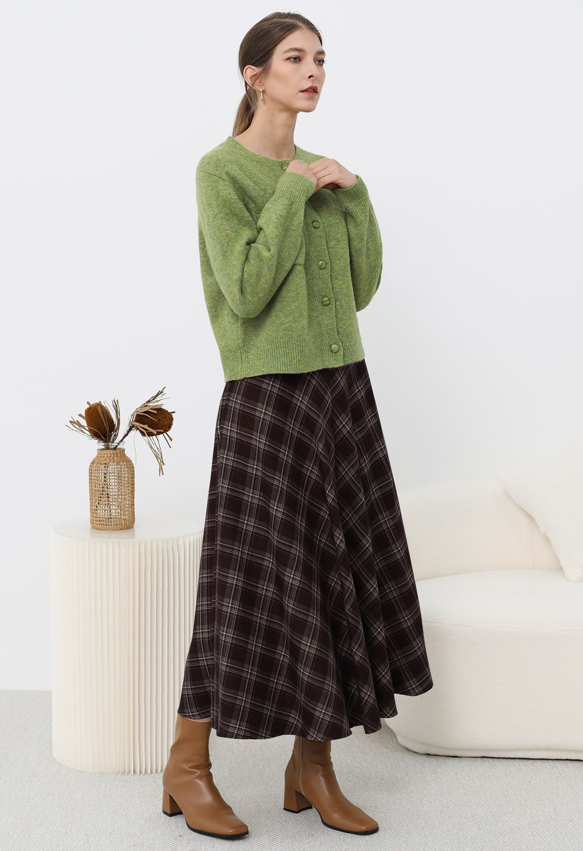 Plaid Charm Flare Midi Skirt in Burgundy