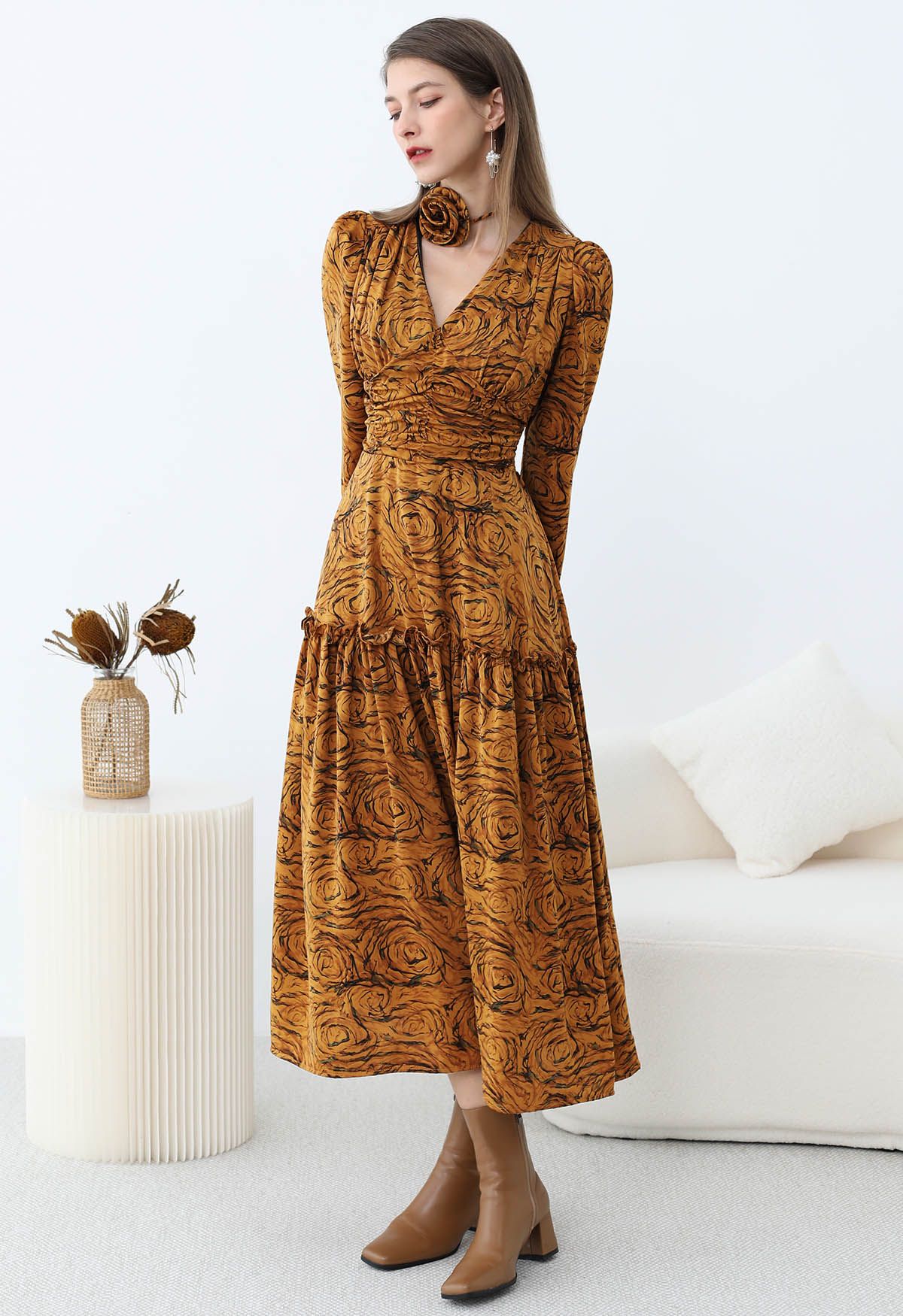 Fantastic Rose V-Neck Ruched Midi Dress with Choker in Pumpkin