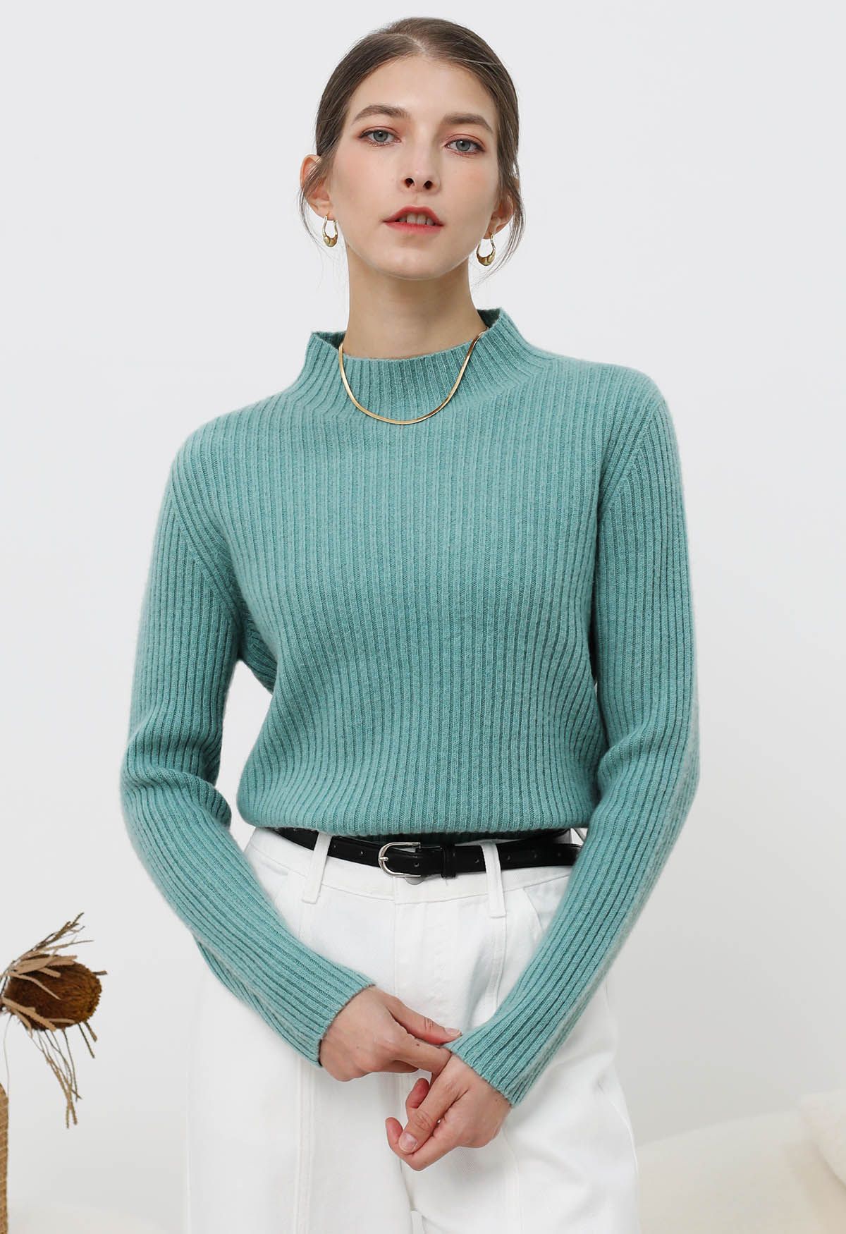 Elemental Mock Neck Long-Sleeve Wool Sweater in Teal