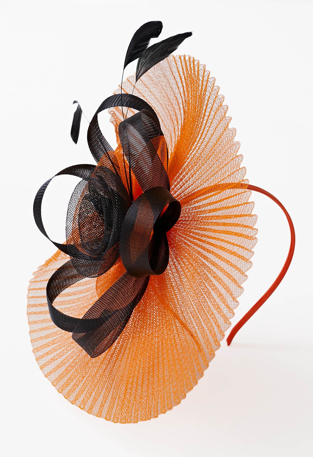 Pleated Mesh Flower Headband with Hair Clip in Orange