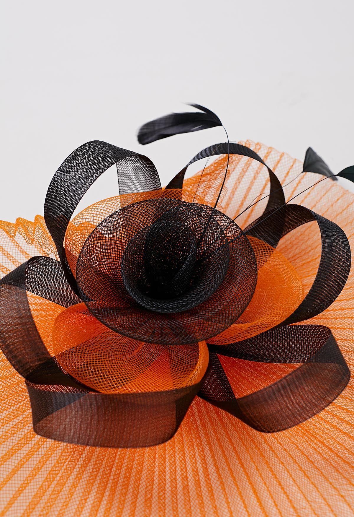 Pleated Mesh Flower Headband with Hair Clip in Orange