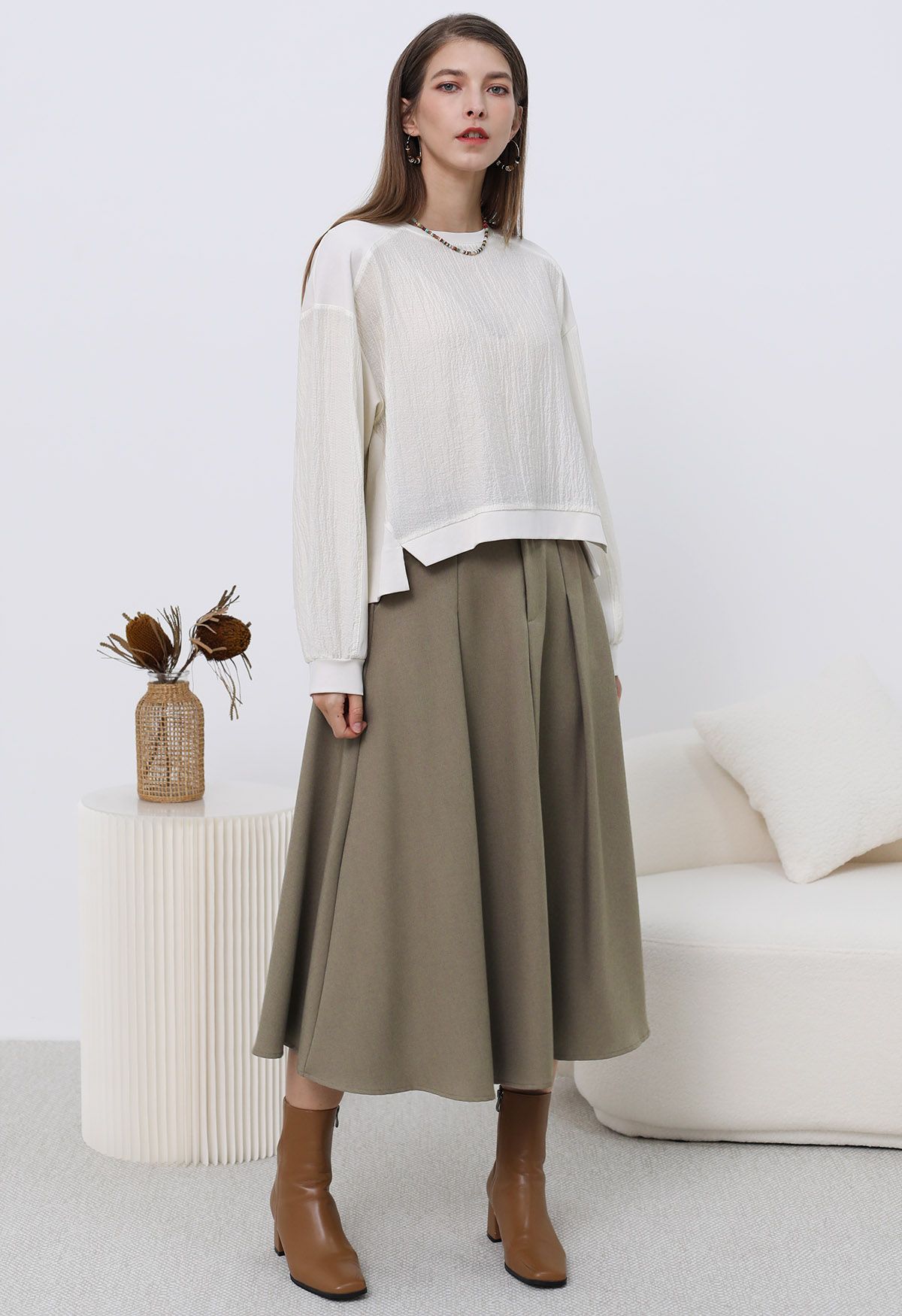 Texture Panelled Crop Sweatshirt in Cream