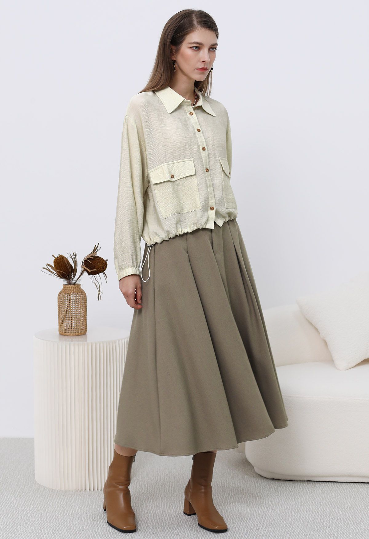 Collared Button Down Drawstring Shirt in Ivory