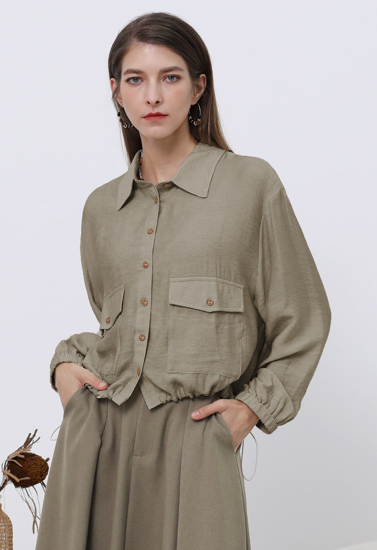 Collared Button Down Drawstring Shirt in Khaki