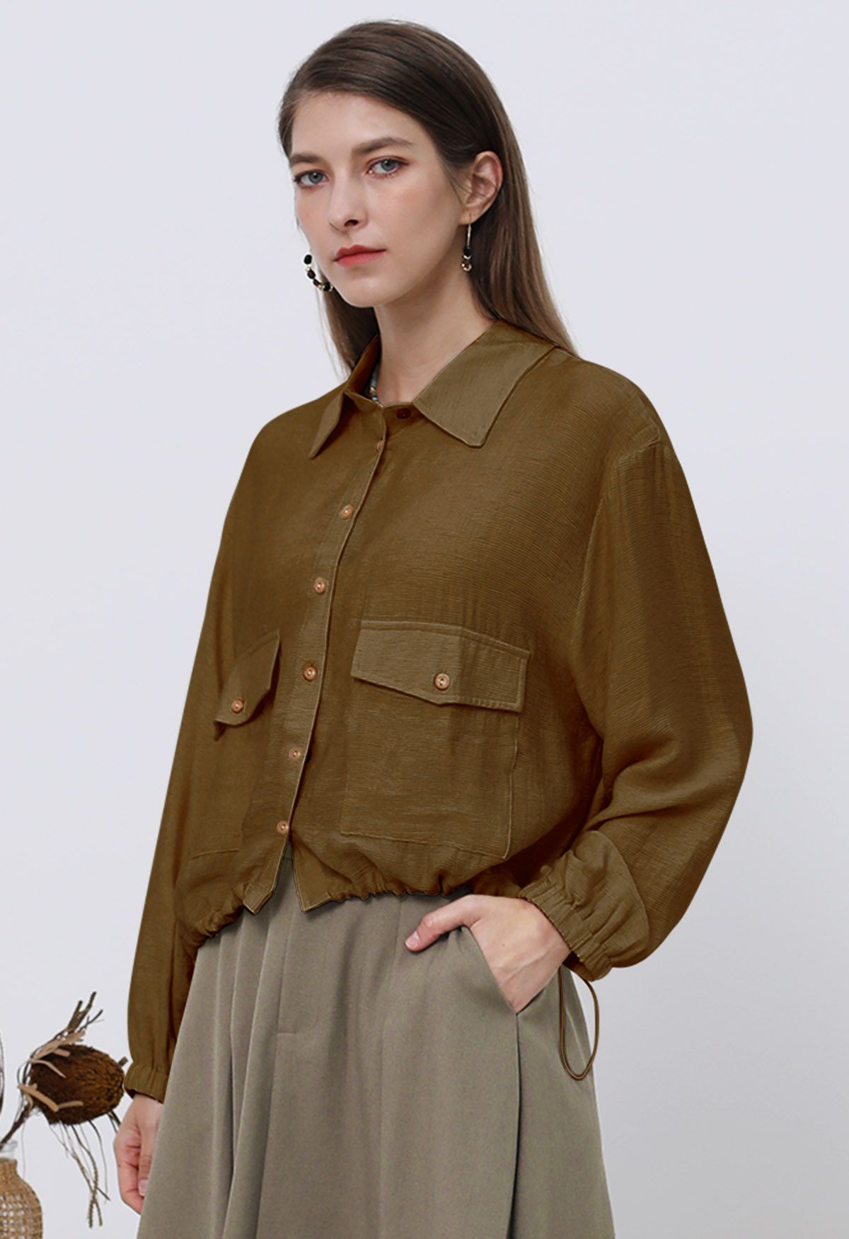 Collared Button Down Drawstring Shirt in Brown