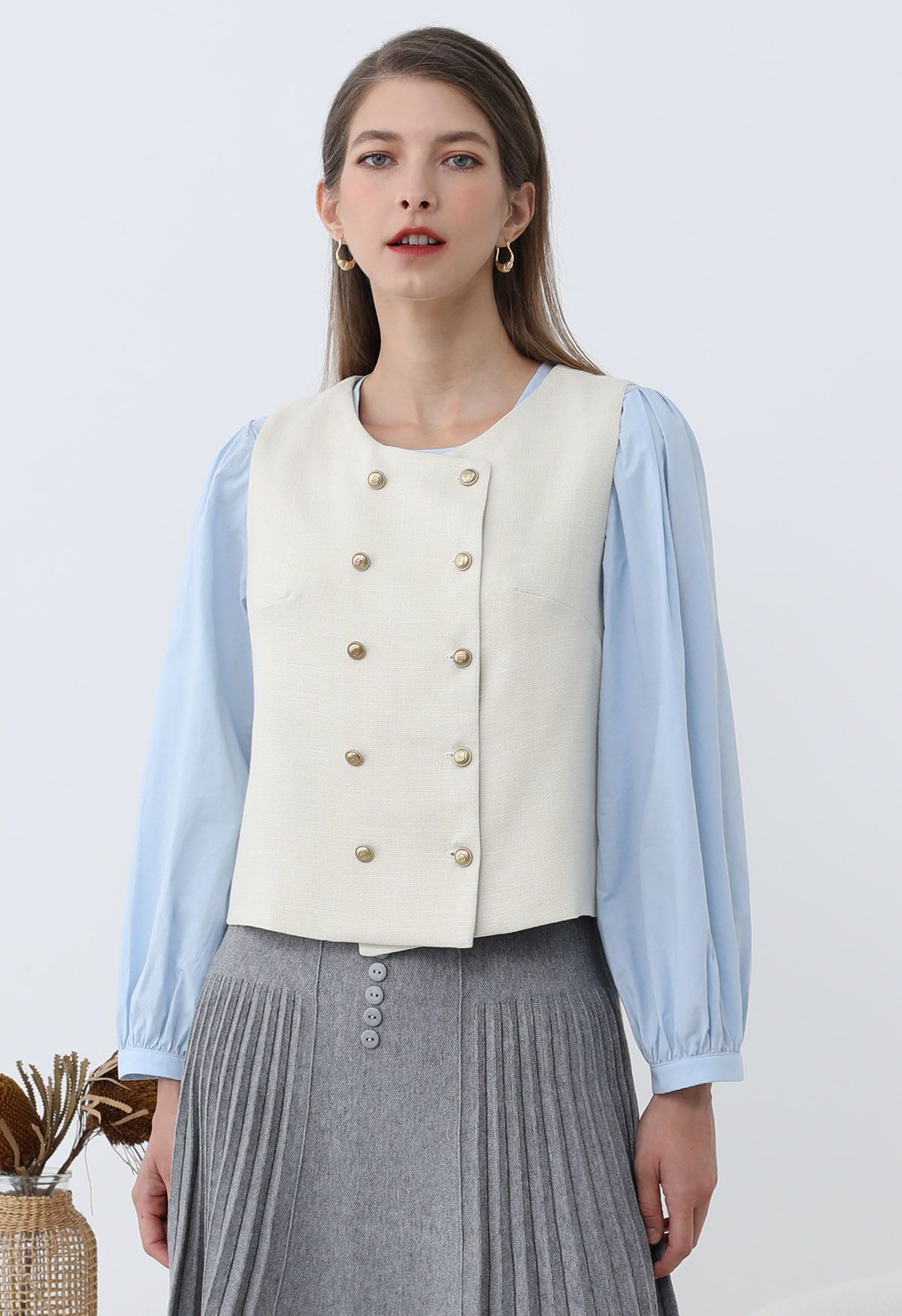 Preppy Style Double-Breasted Vest in Ivory