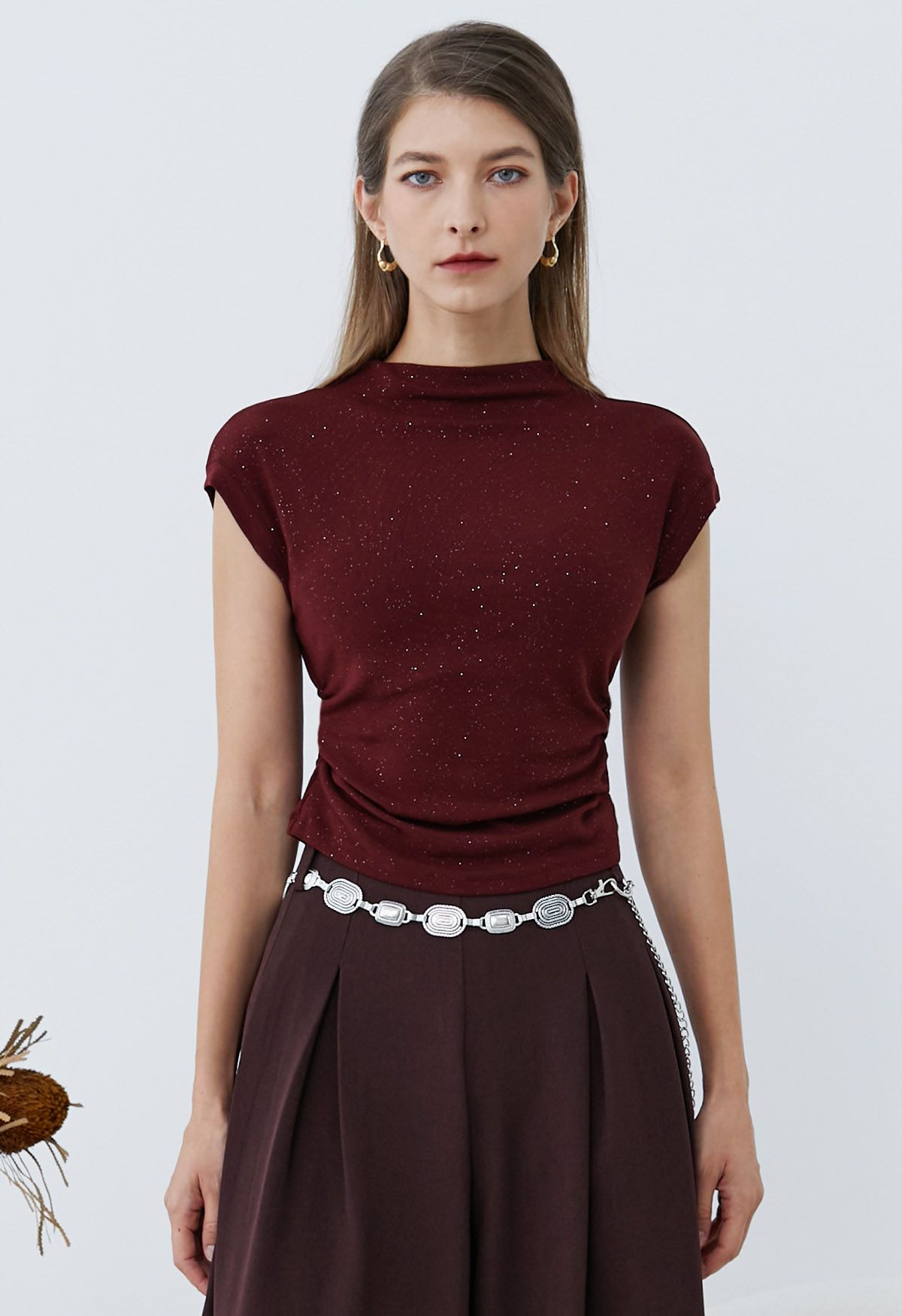 Shimmering Ruched Waist Cap Sleeves Top in Burgundy