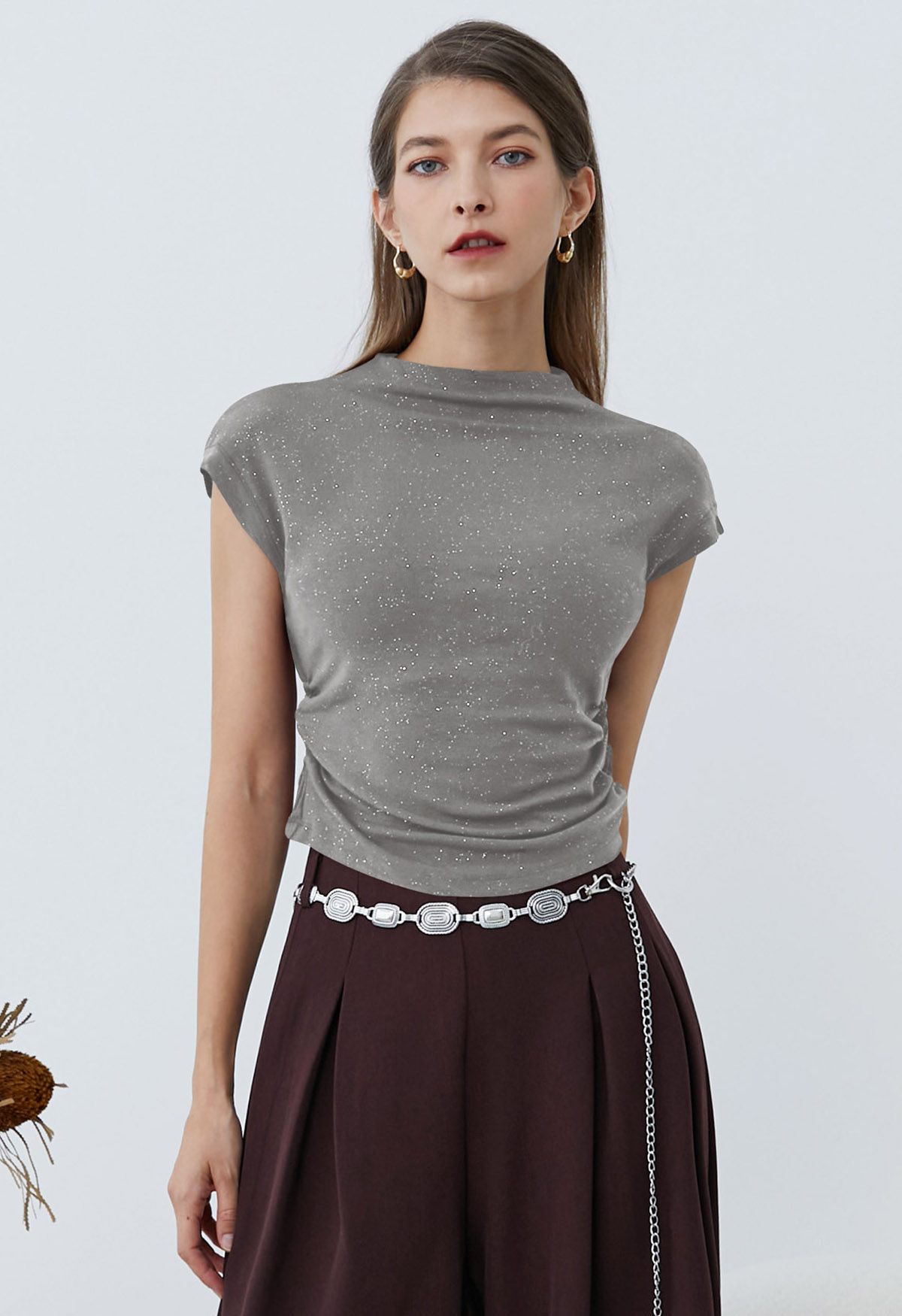 Shimmering Ruched Waist Cap Sleeves Top in Grey