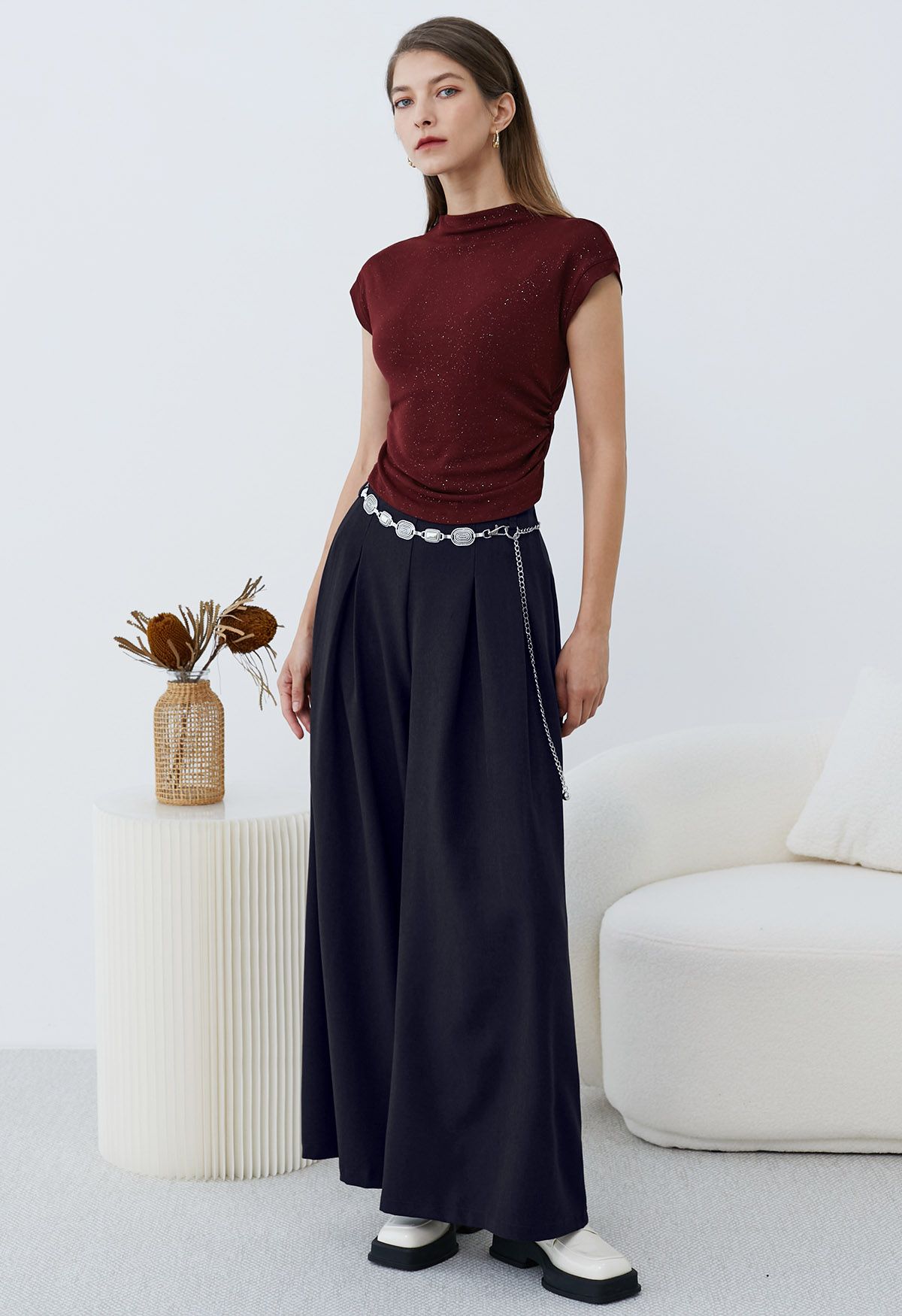 Chain-Embellished Pleated Palazzo Pants in Navy