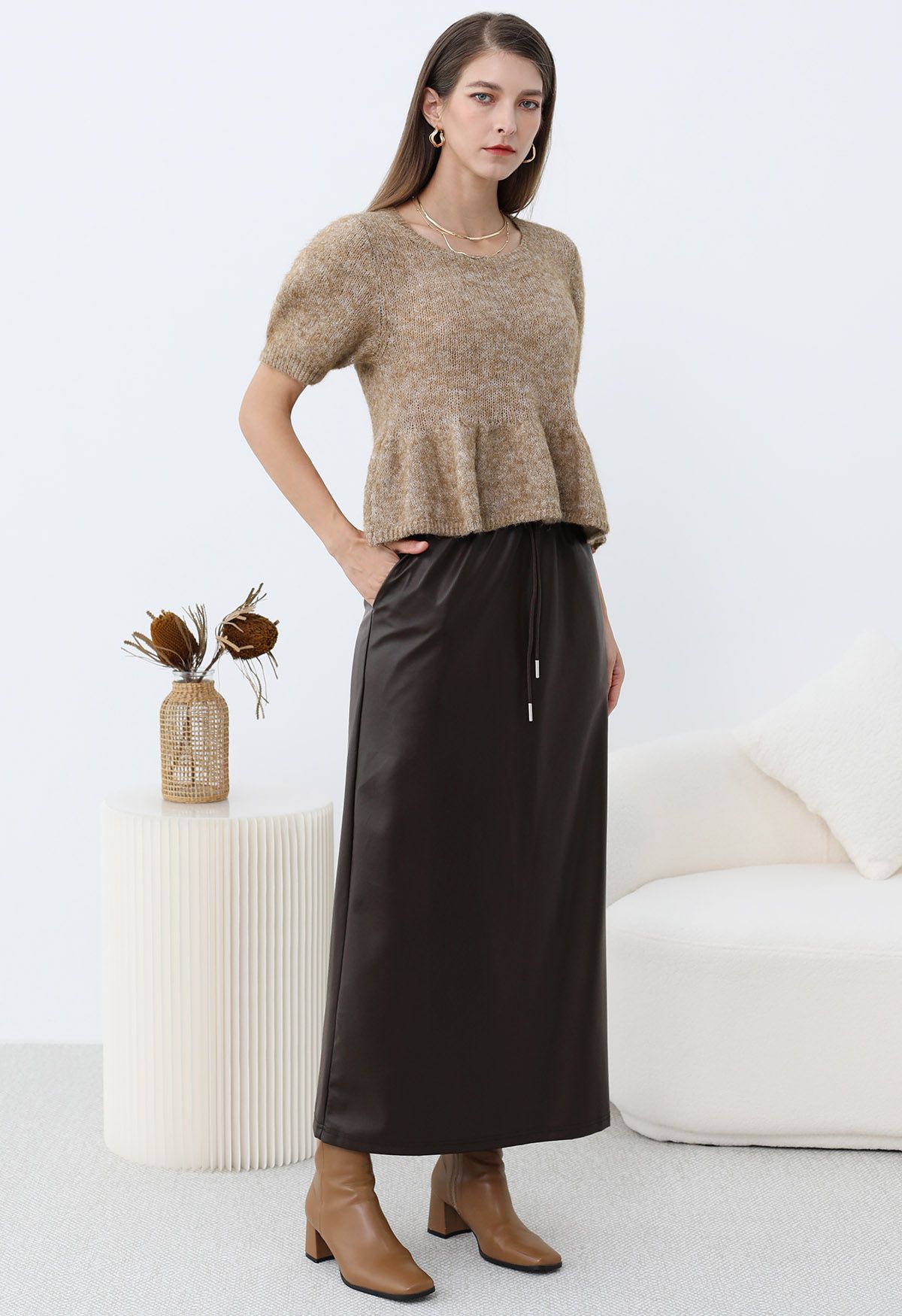 Peplum Flair Fuzzy Knit Top in Tan