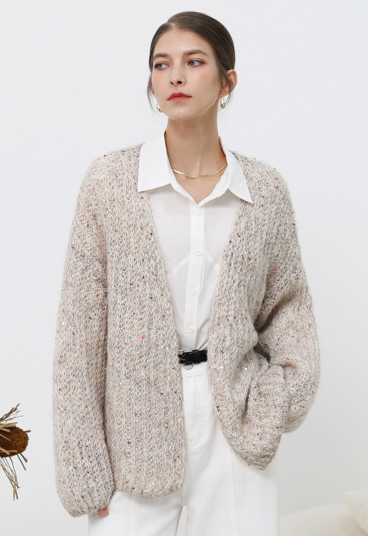 Colorful Sequin Open Front Cozy Knit Cardigan in Oatmeal