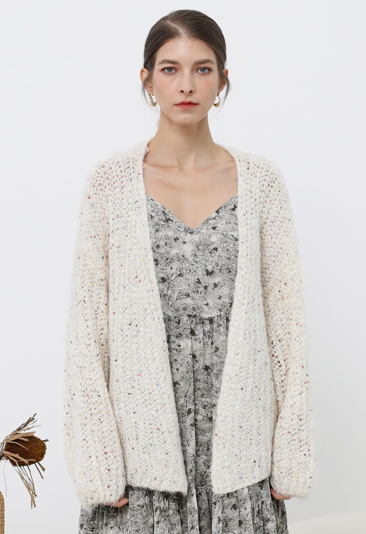 Colorful Sequin Open Front Cozy Knit Cardigan in Cream