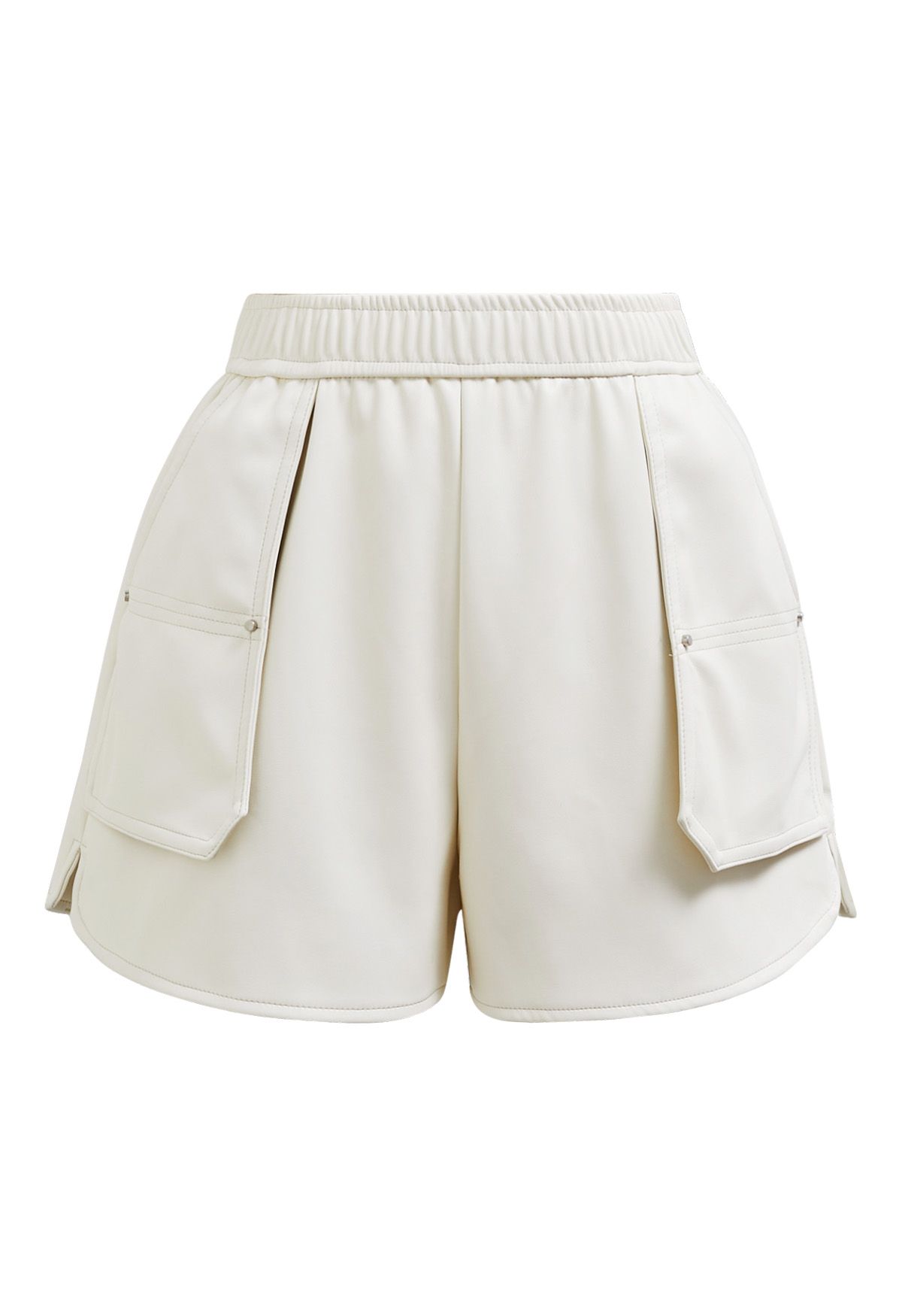 Patch Side Pocket Faux Leather Utility Shorts in Ivory