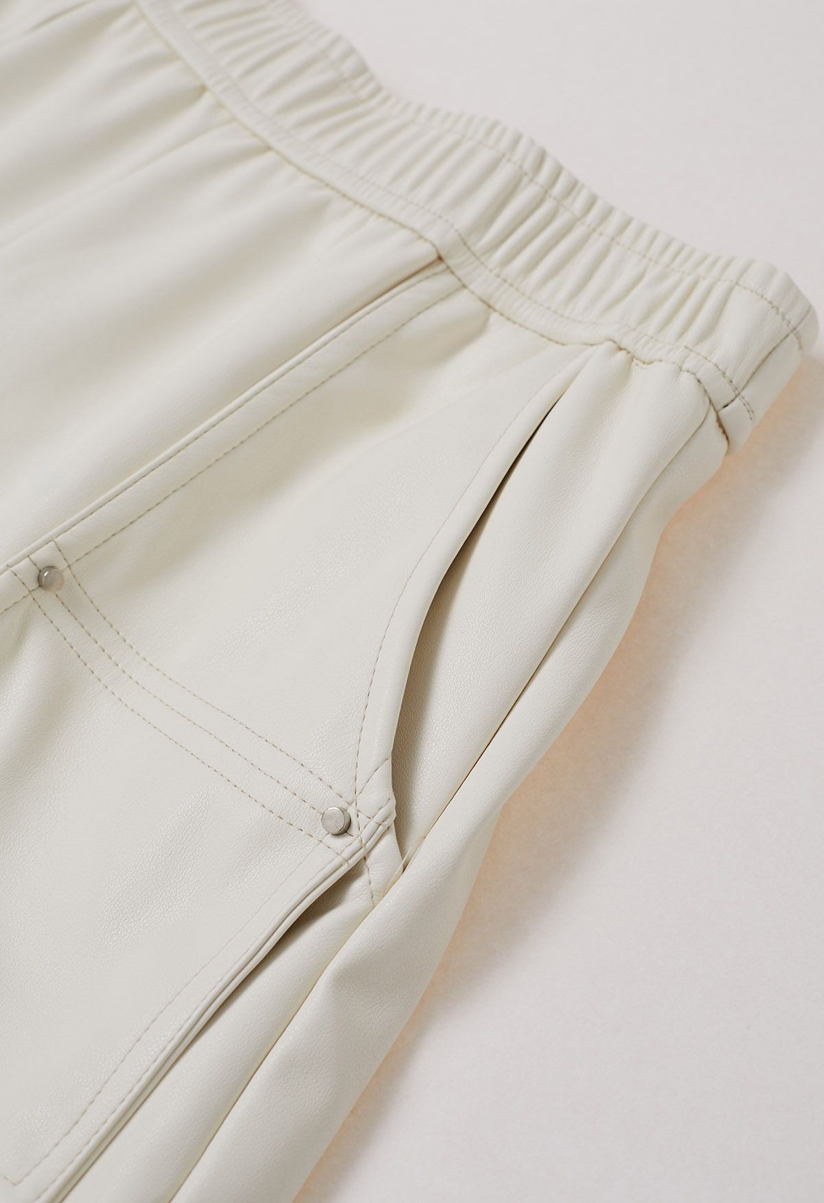 Patch Side Pocket Faux Leather Utility Shorts in Ivory