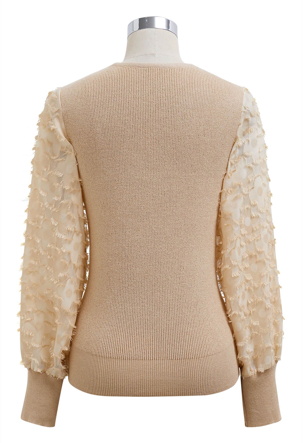 Fuzzy Floral Mesh Sleeve Spliced Faux-Wrap Knit Top in Light Tan