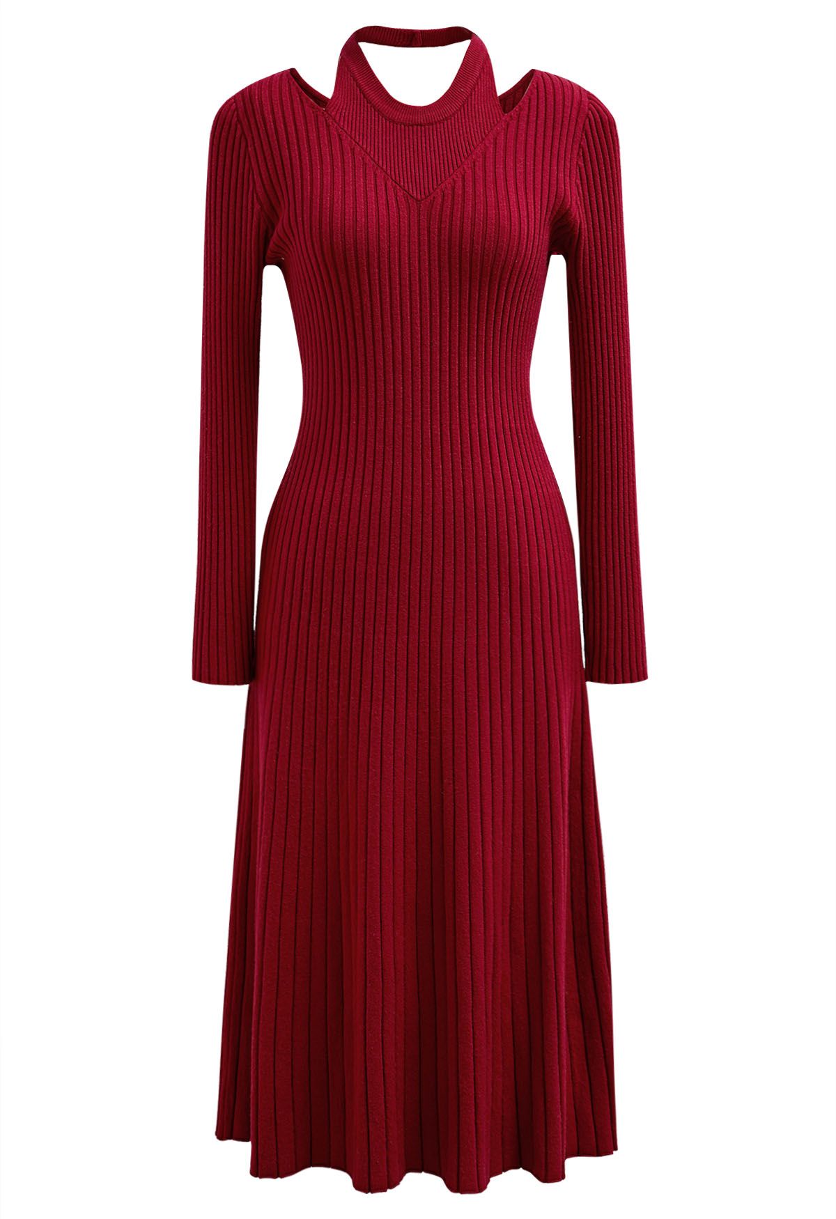 Cutout Neckline Ribbed Knit Midi Dress in Red