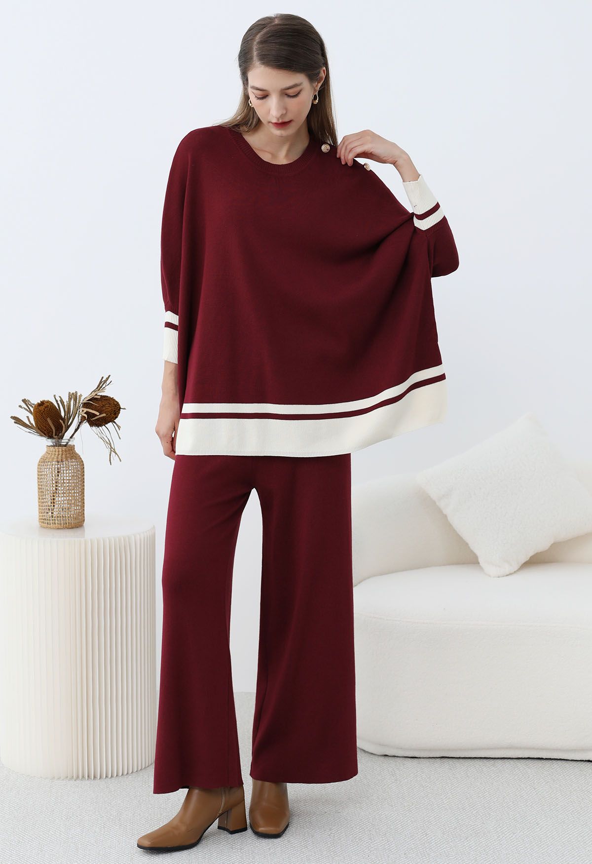 Contrast Detail Knit Poncho and Pants Set in Burgundy