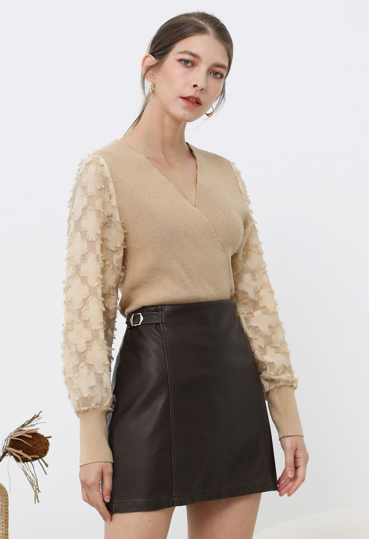 Fuzzy Floral Mesh Sleeve Spliced Faux-Wrap Knit Top in Light Tan