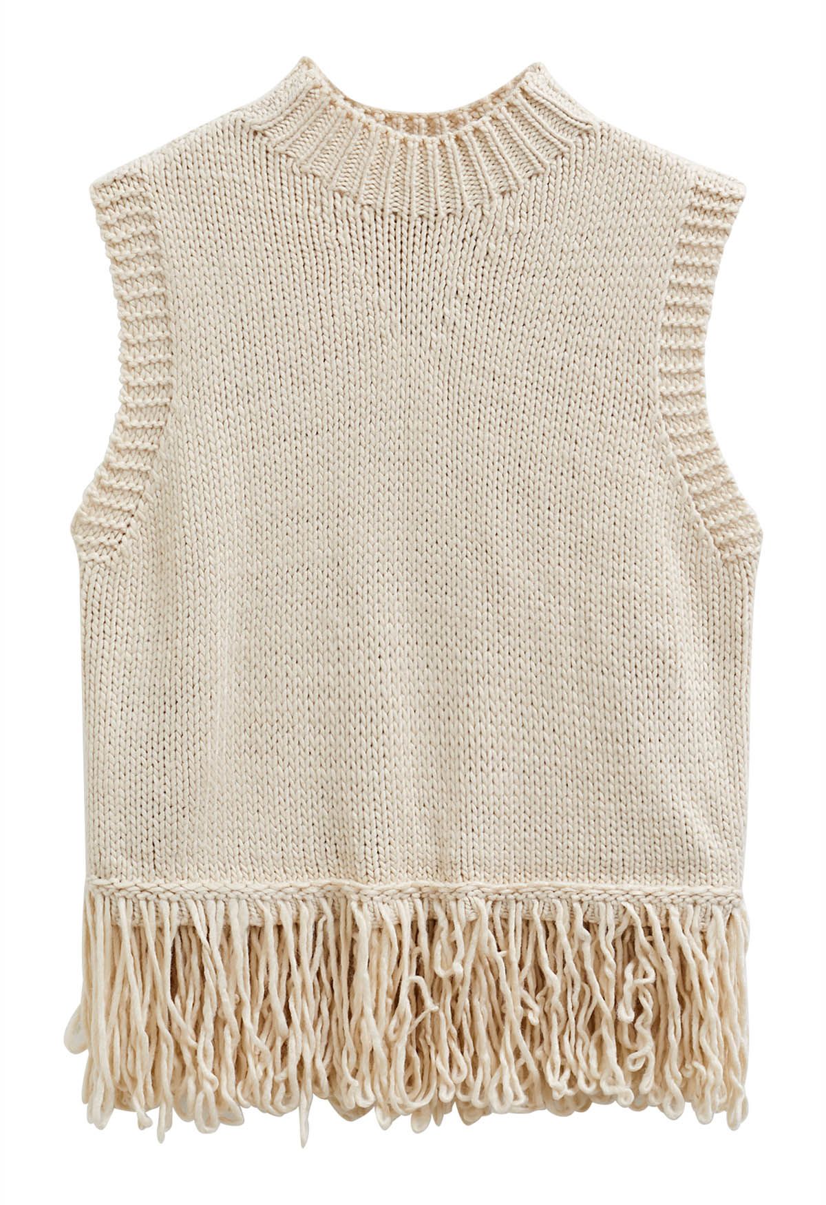 Intriguing Fringed Mock Neck Sleeveless Knit Top