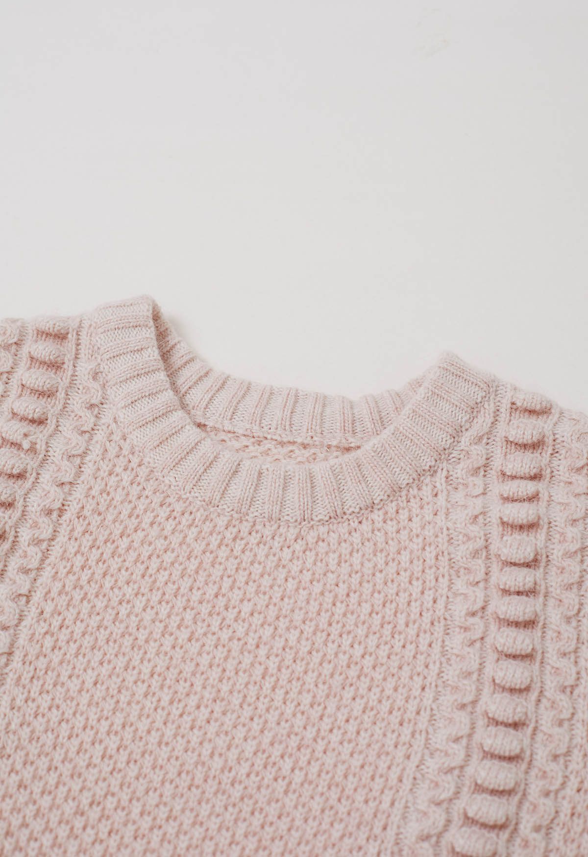 Embossed Texture Puff Sleeve Knit Sweater in Pink