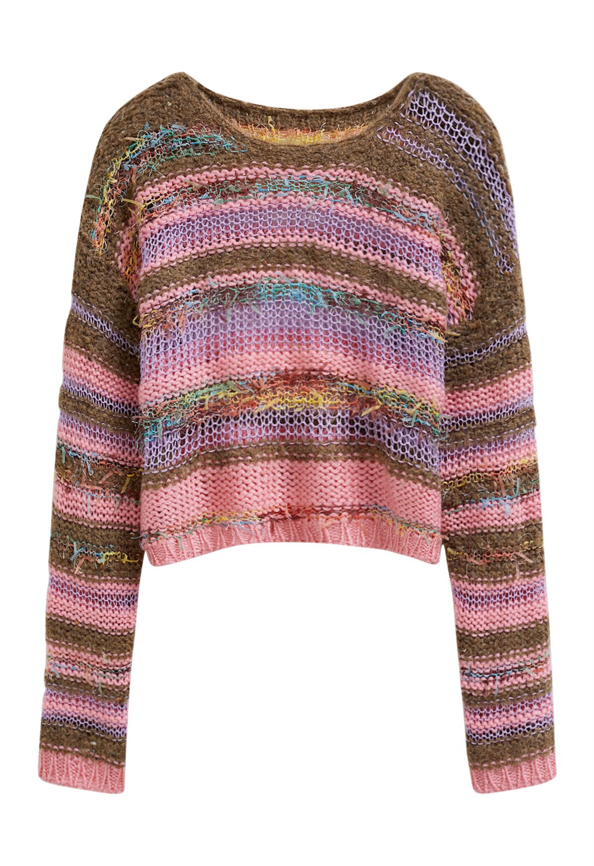 Multicolored Stripe Pointelle Fringed Knit Sweater in Pink