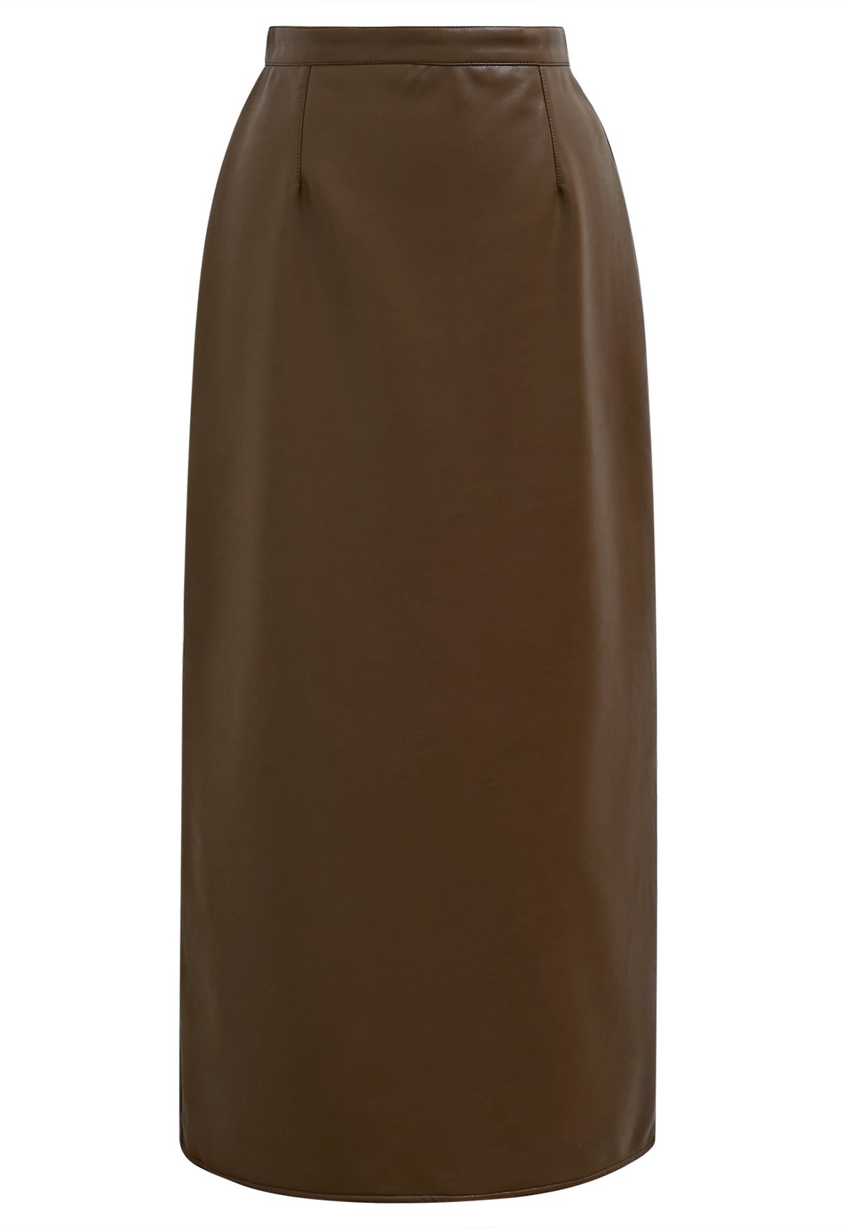 Smooth Silhouette Faux Leather Split Maxi Skirt in Brown