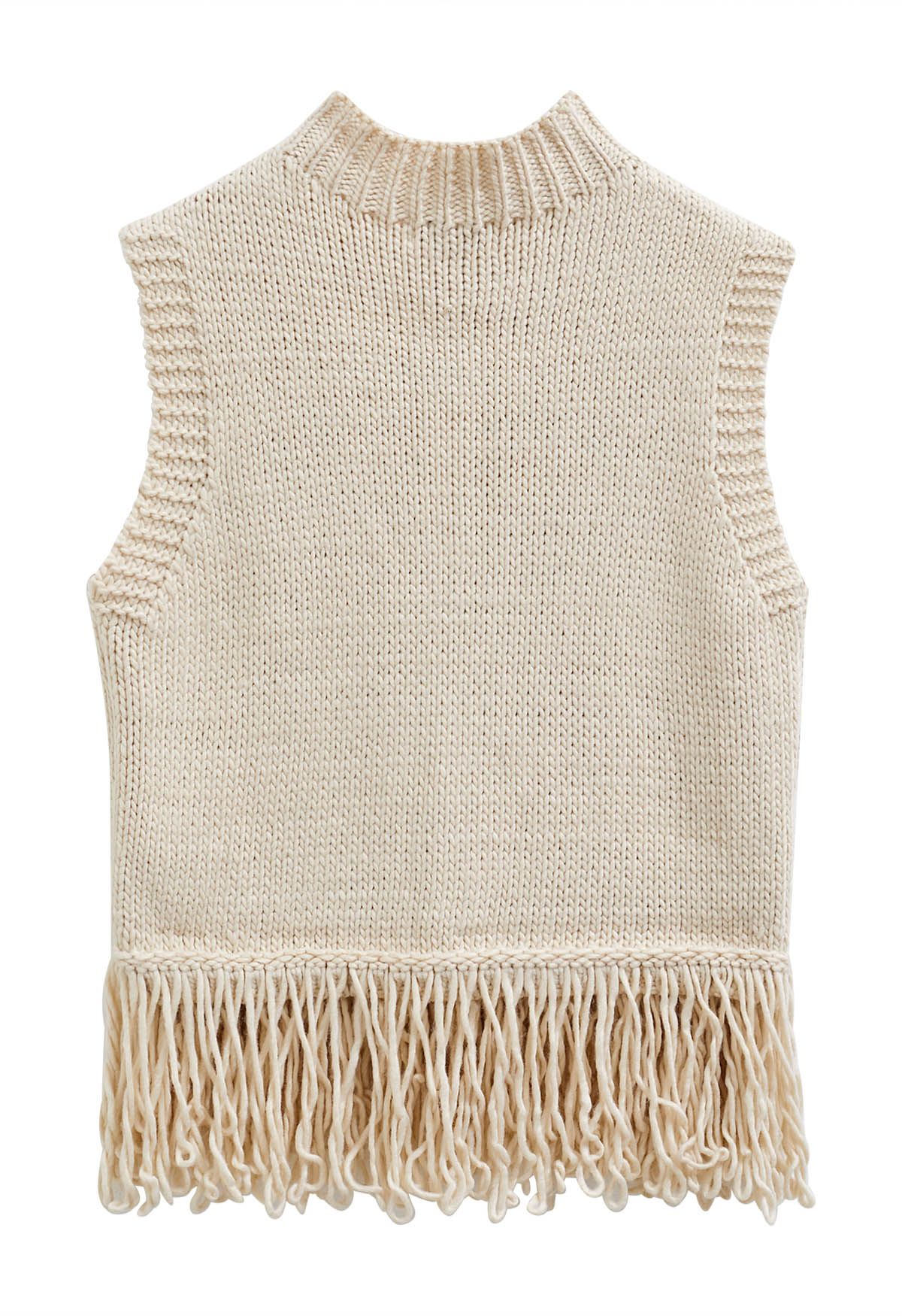 Intriguing Fringed Mock Neck Sleeveless Knit Top