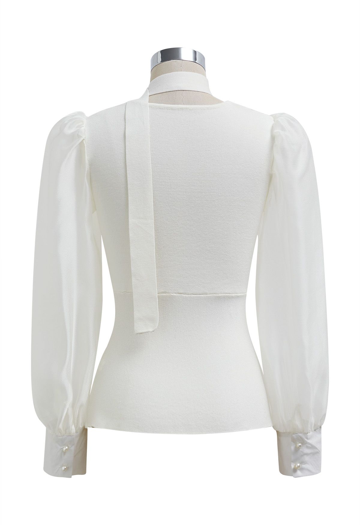 Sheer Sleeves Spliced Knit Top with Scarf in White