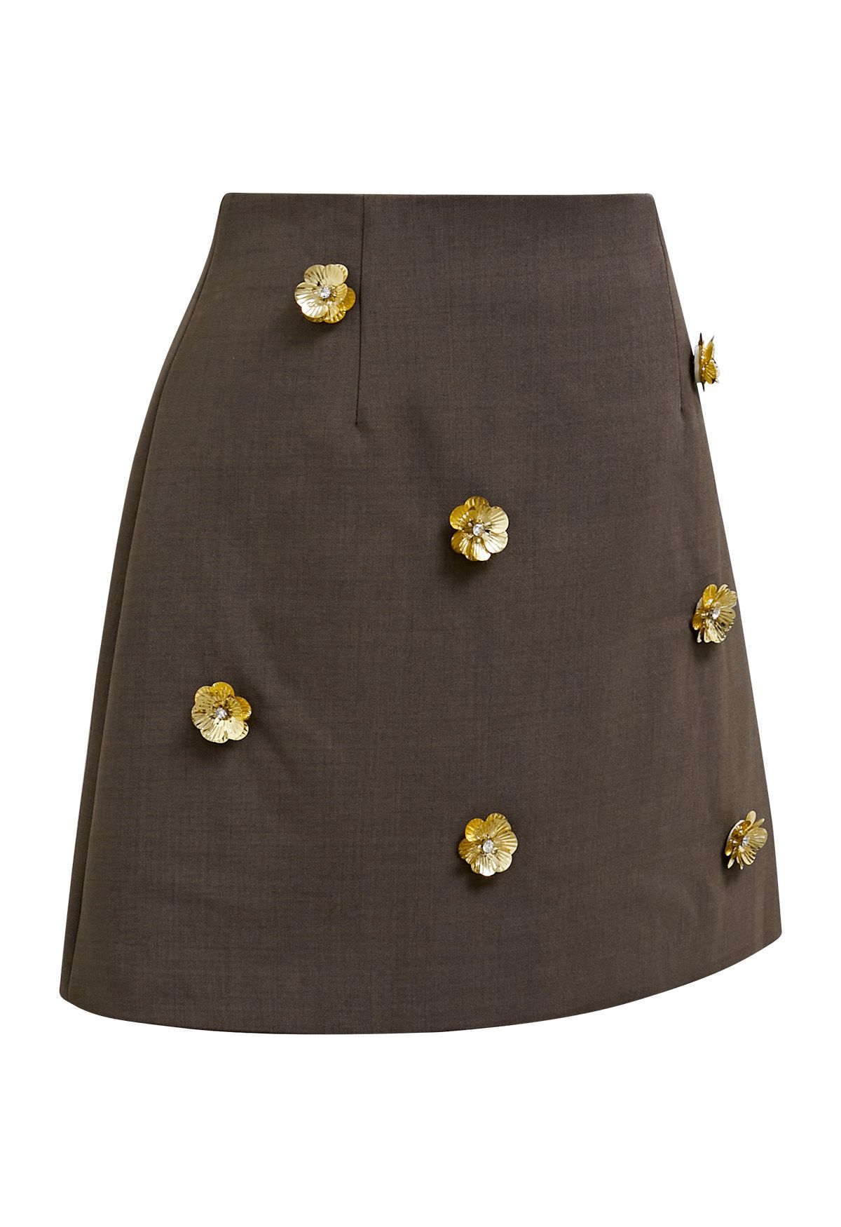 3D Golden Flower Embellished Mini Skirt in Brown