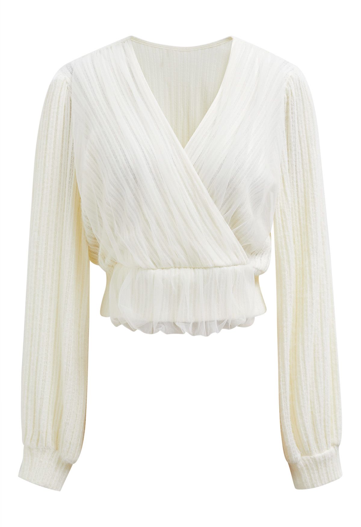 Mesh Spliced Faux-Wrap Knit Top in Cream