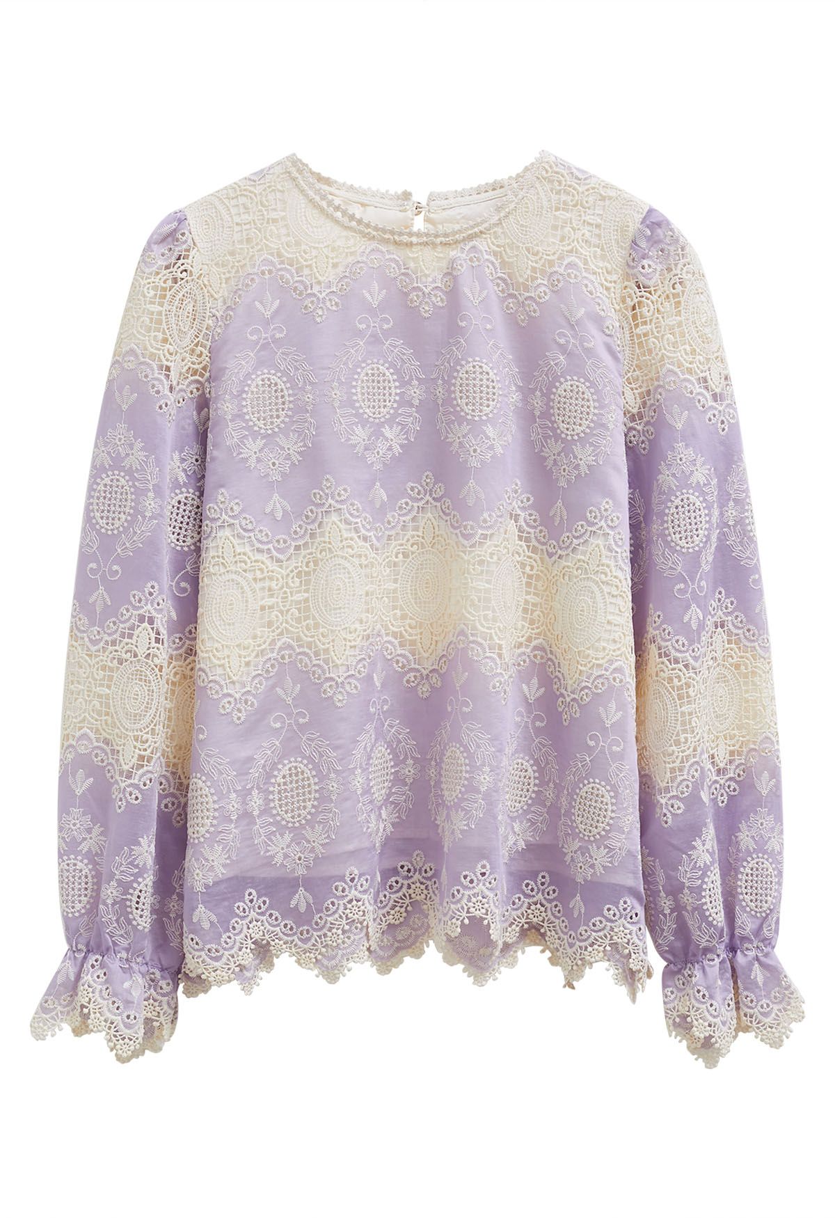 Embroidered Lace Zigzag Hemline Top in Lilac