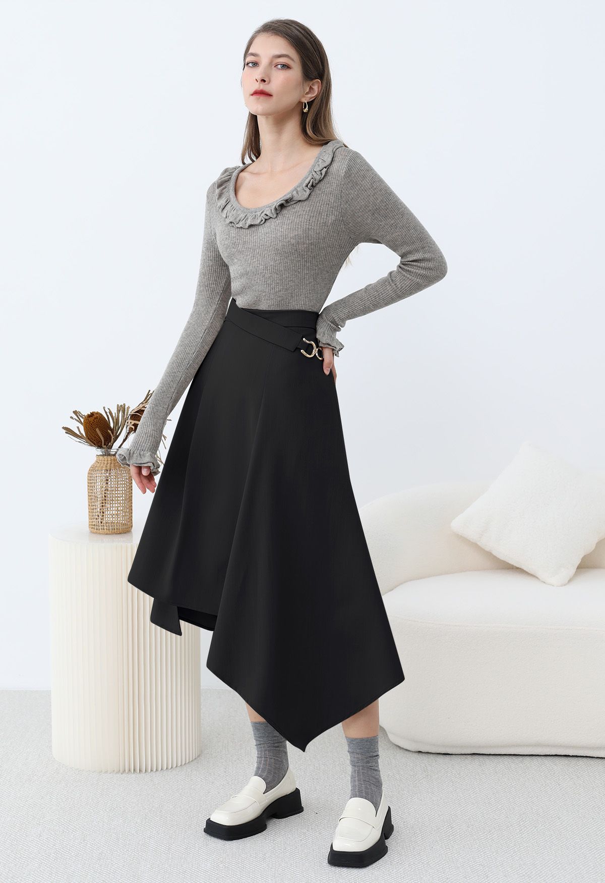 Belt Trim Asymmetry Flowy Midi Skirt in Black