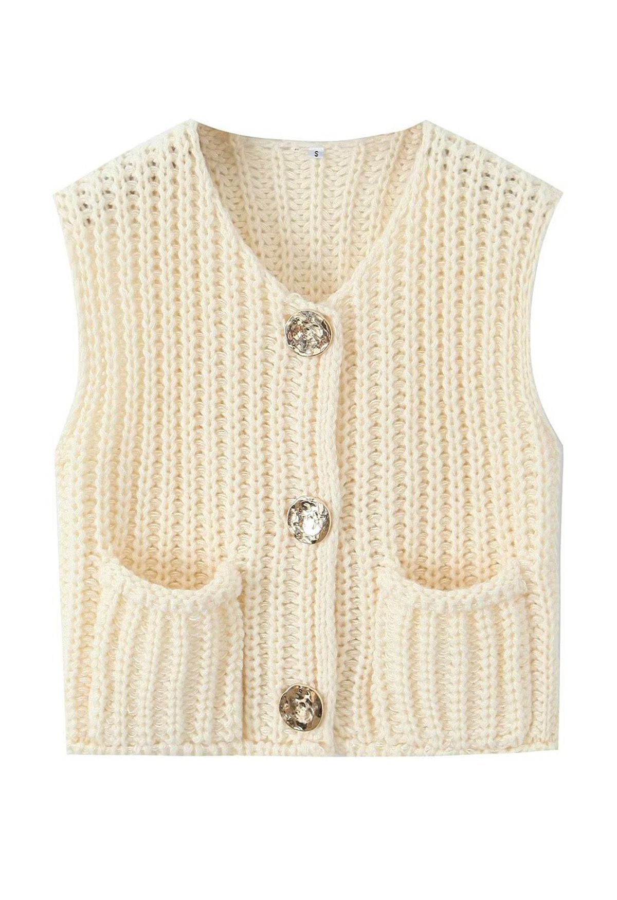 Bold Golden Buttons Patch Pocket Chunky Knit Vest in Cream