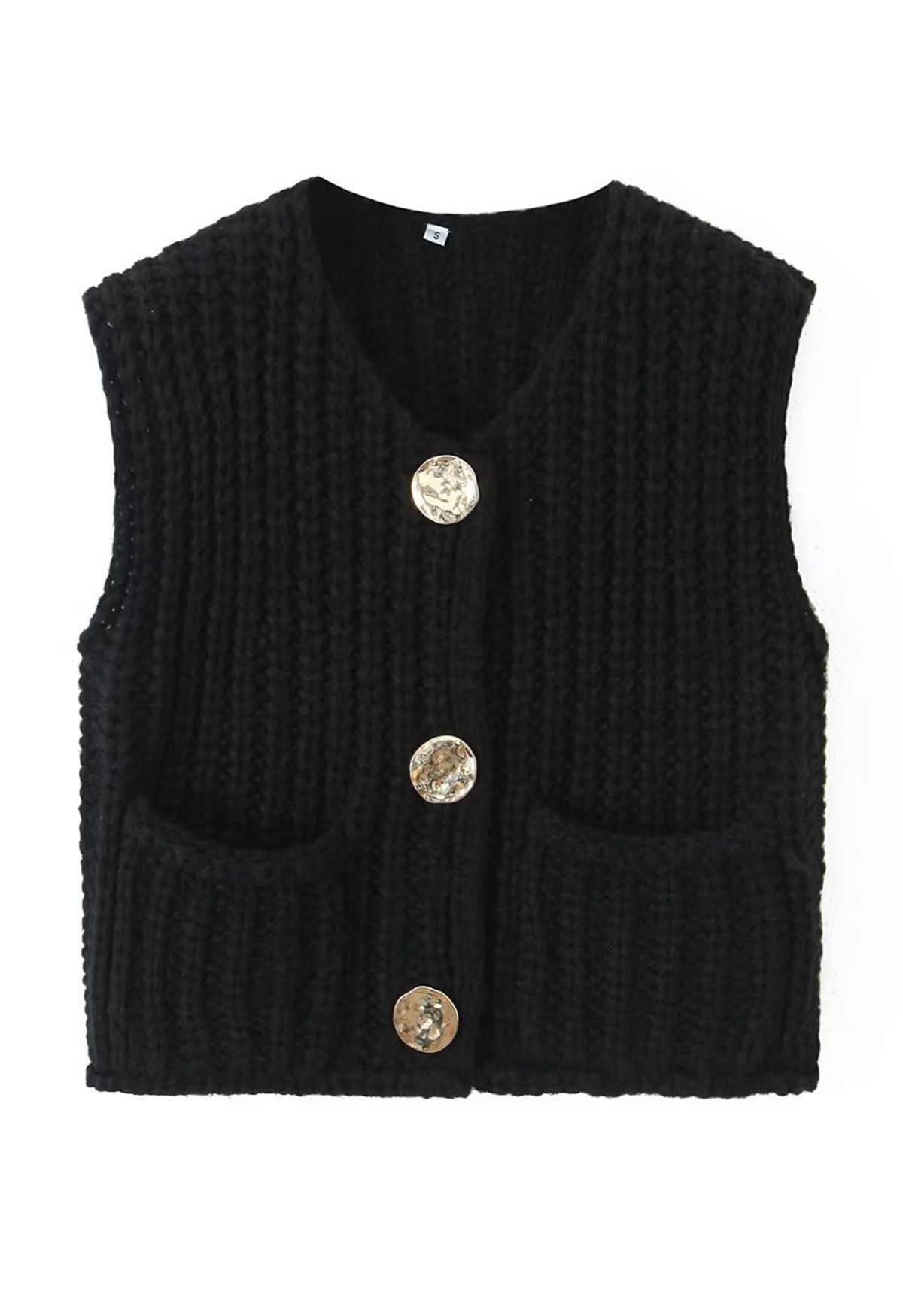 Bold Golden Buttons Patch Pocket Chunky Knit Vest in Black